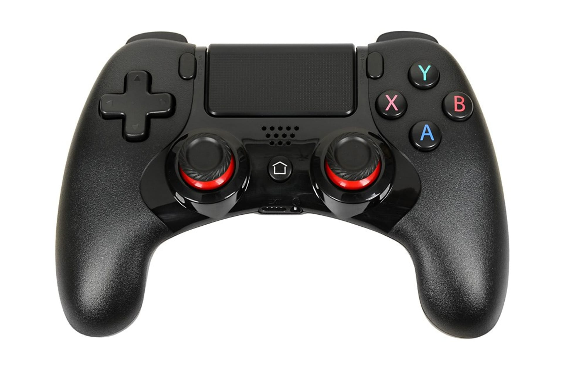 Schwarzer Gamepad-Controller mit farbigen Knöpfen und Joysticks auf weißem Hintergrund.