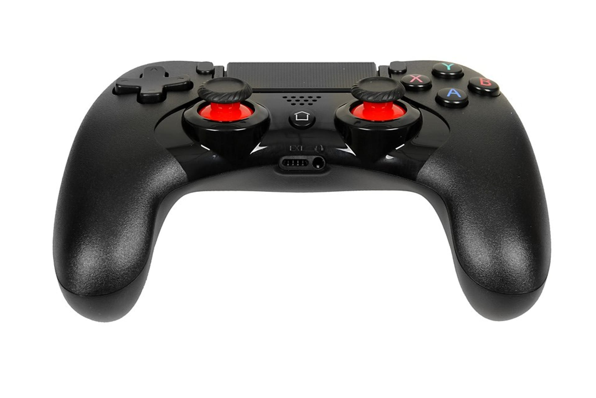 Schwarzer Gamecontroller mit roten Joysticks und Knöpfen, isoliert auf weißem Hintergrund.
