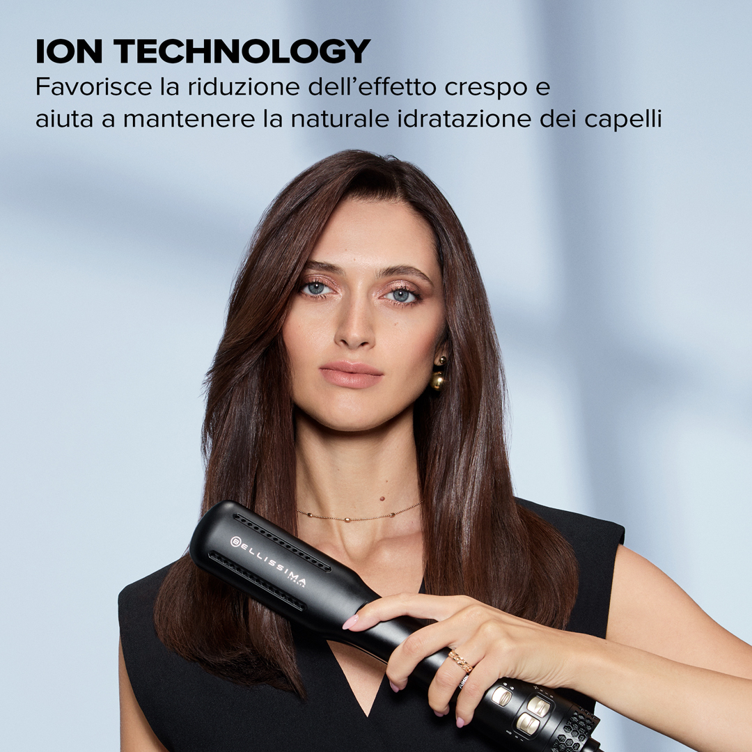 Kobieta trzyma czarną prostownicę do włosów. Tekst: "ION TECHNOLOGY" i tekst poniżej.