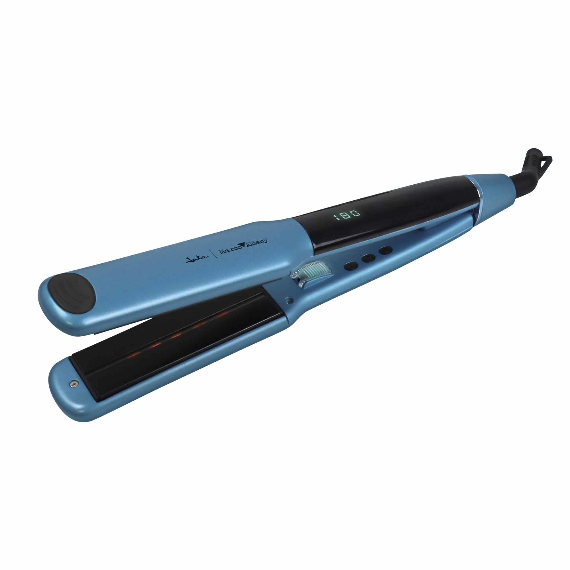 Plancha de pelo azul, detalles negros. Marca en el dispositivo. Fondo blanco.