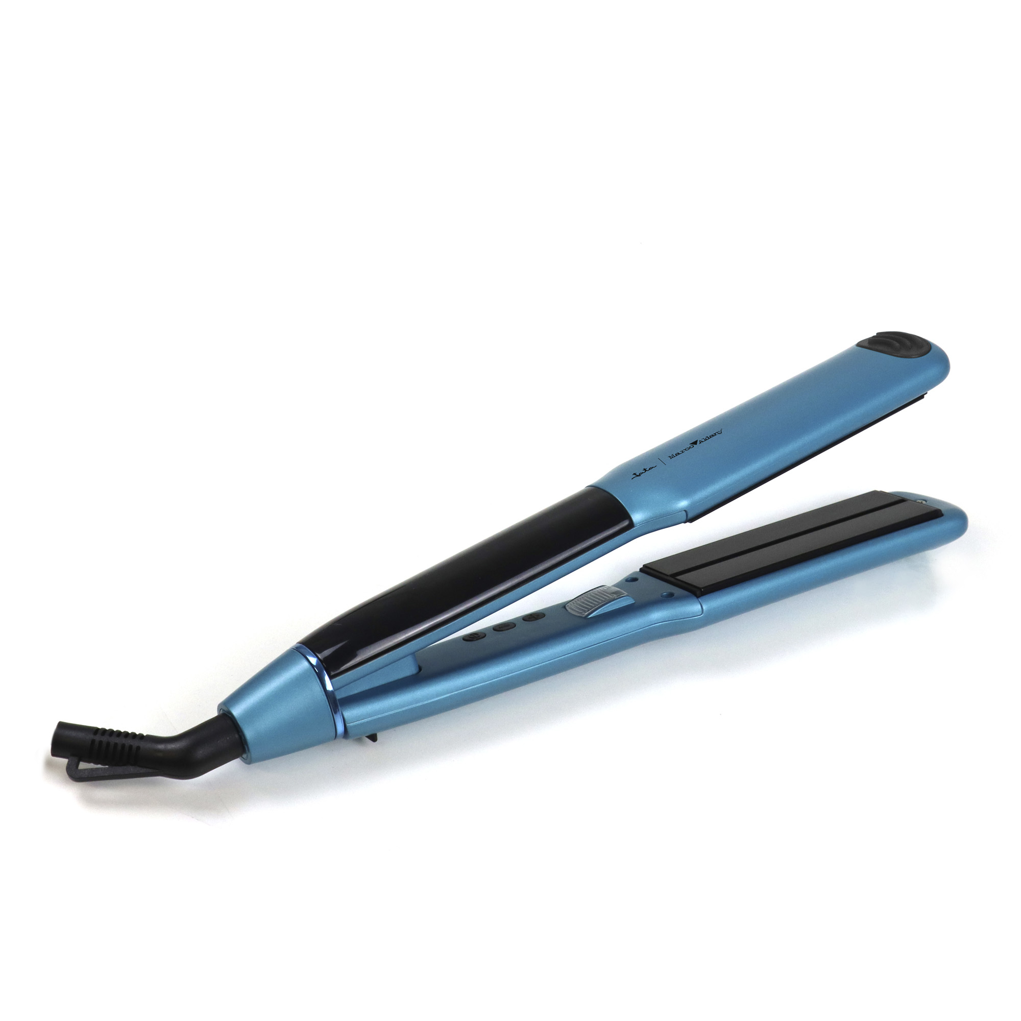 Plancha de pelo azul y negro. Está abierta y sobre un fondo blanco.
