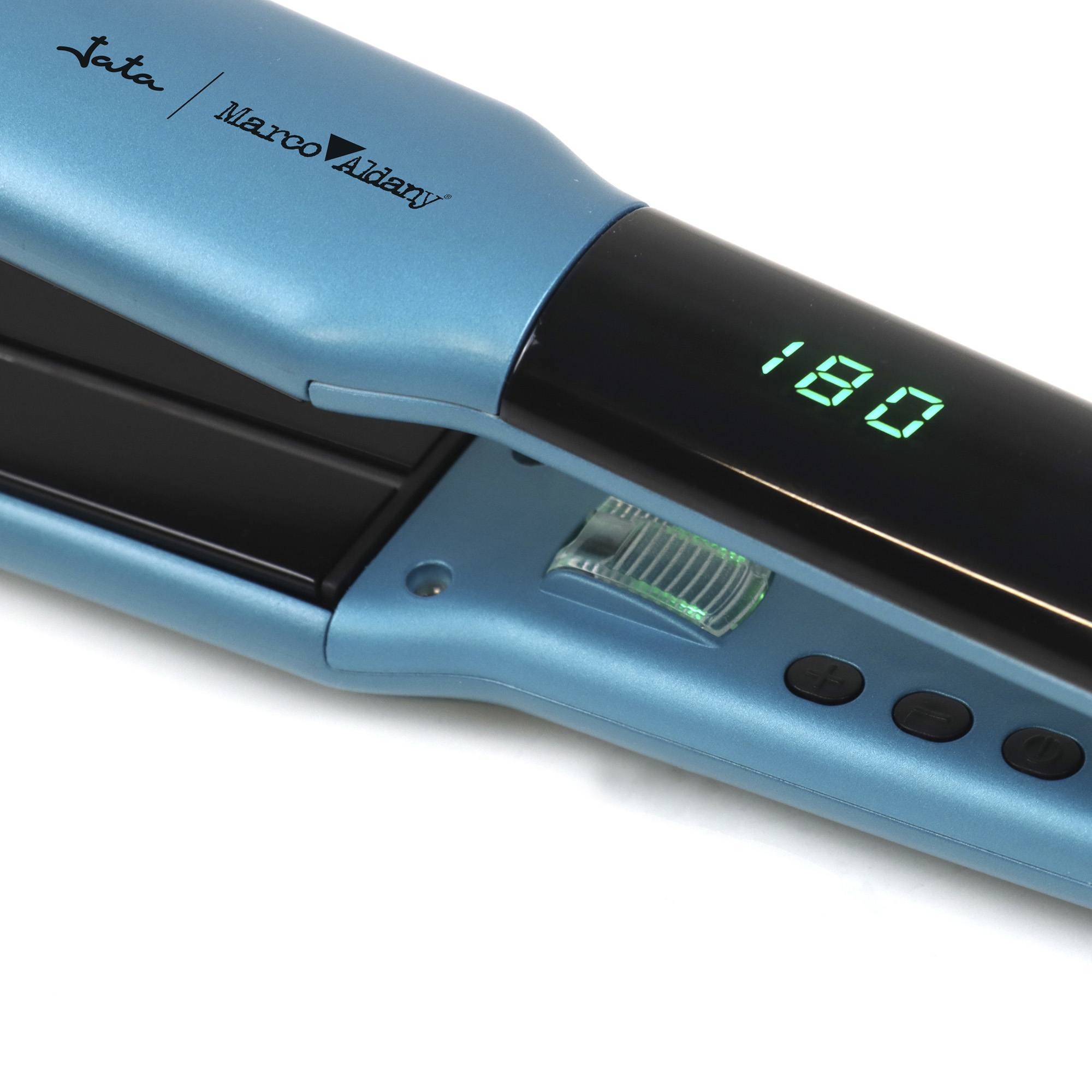 Plancha de pelo azul con pantalla digital que muestra 180 grados. Fondo blanco.