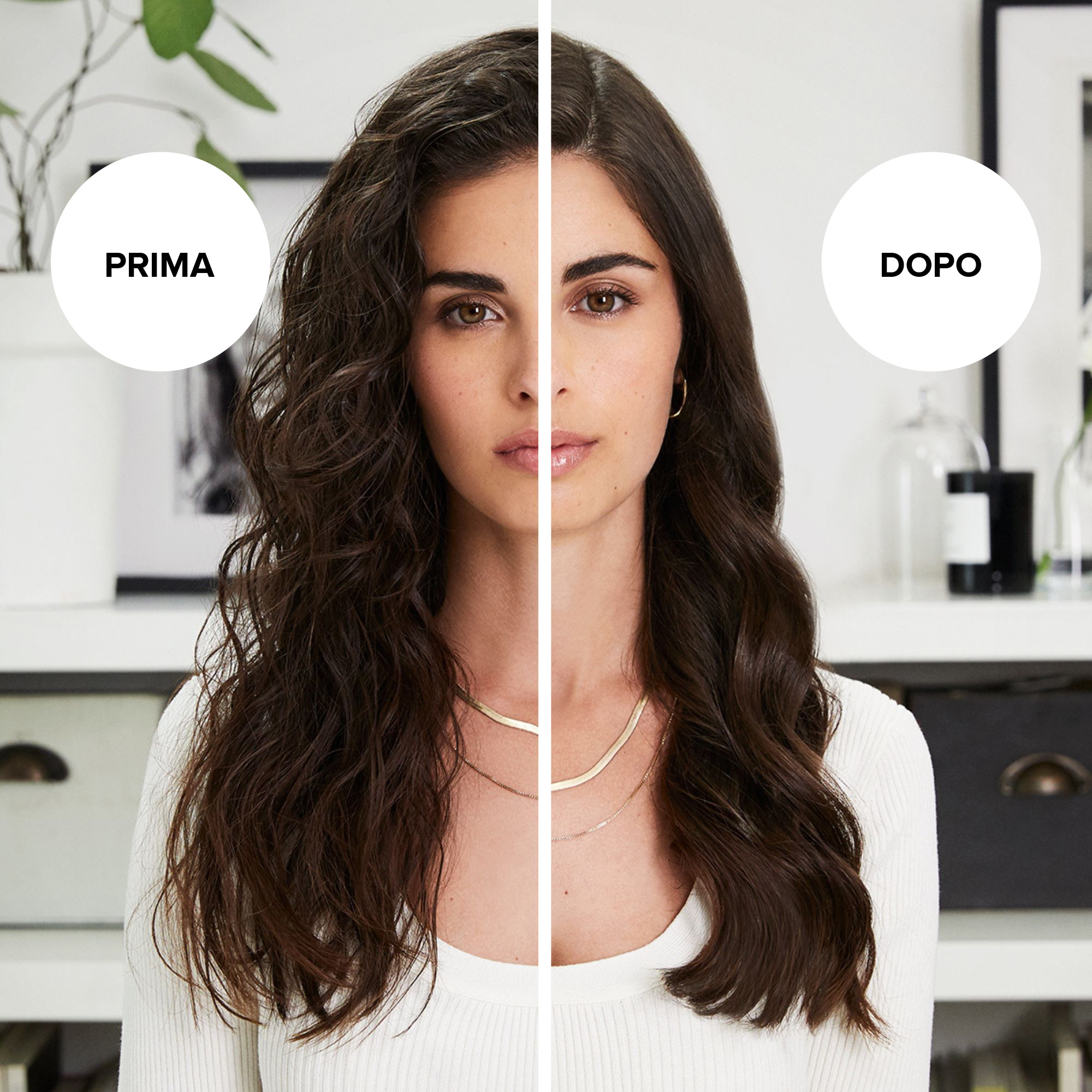Podzielony obraz: kobieta z kręconymi włosami (lewo) i prostymi (prawo). Etykiety tekstowe: PRIMA (przed) i DOPO (po).