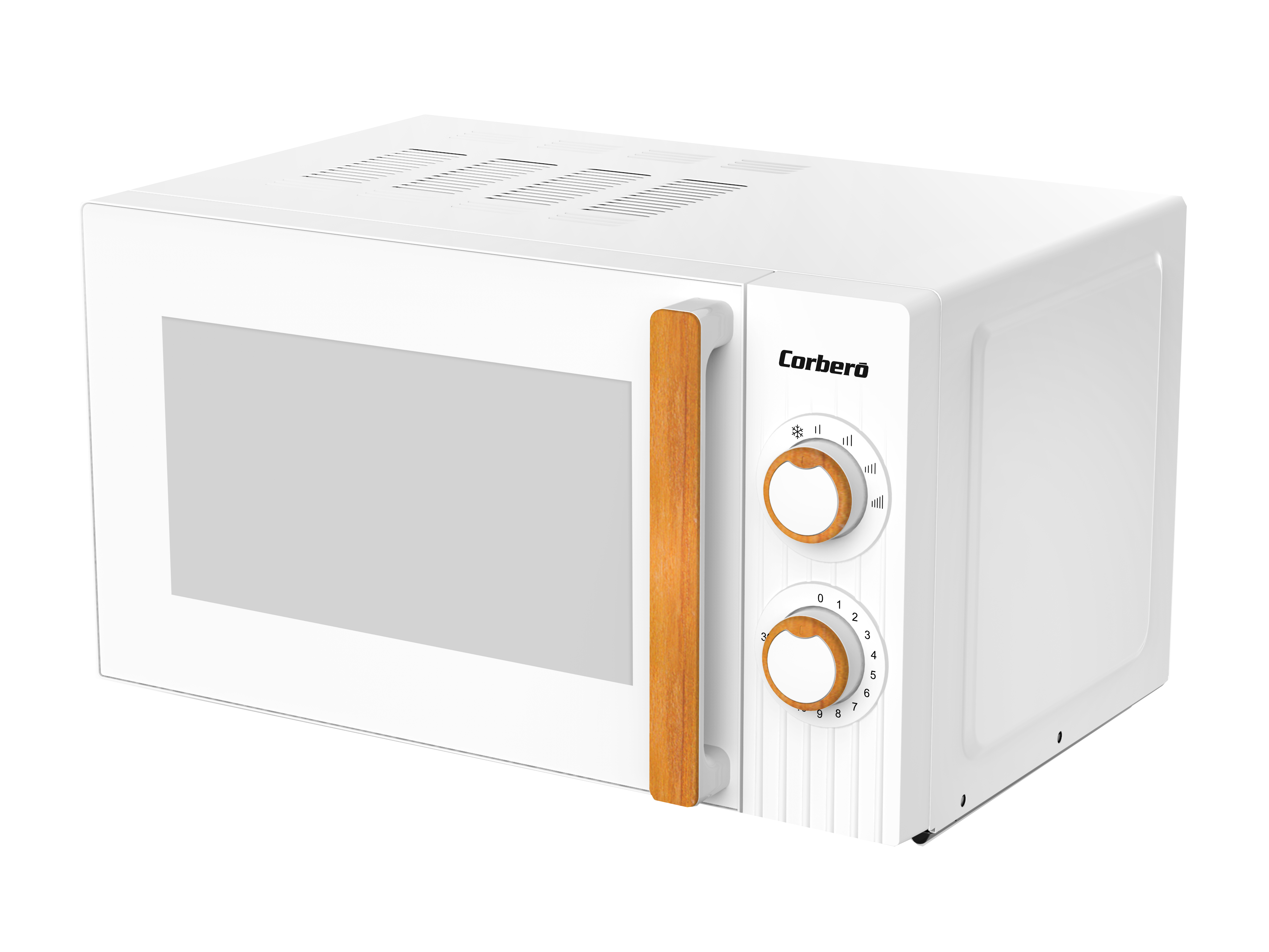 Biała kuchenka mikrofalowa z brązową rączką. Ma dwa pokrętła po prawej stronie i stoi na białej powierzchni.