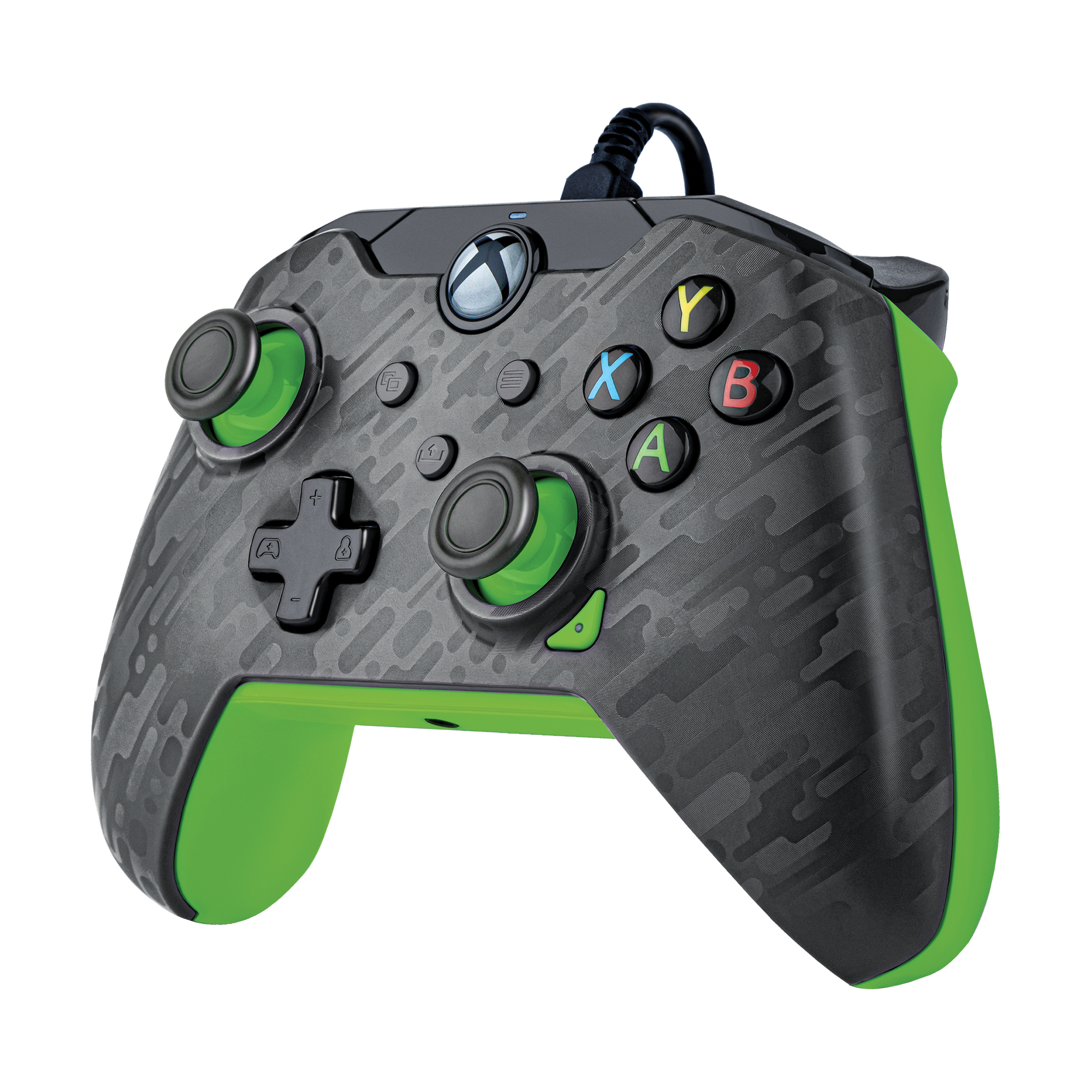 Controller Xbox nero e verde con pulsanti Y, B, X, A e un pad direzionale.