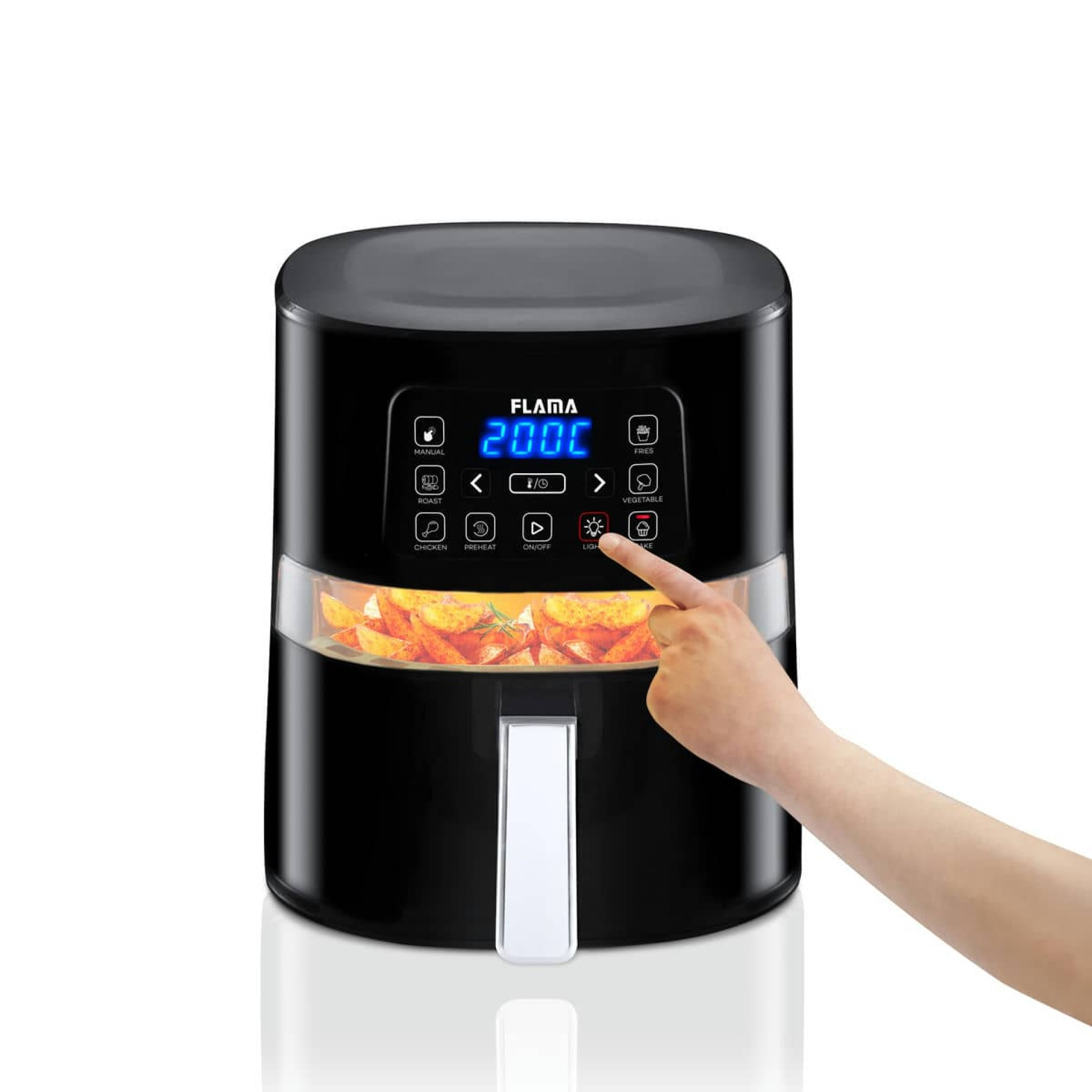 Friggitrice ad aria nera con una mano che indica il display digitale.