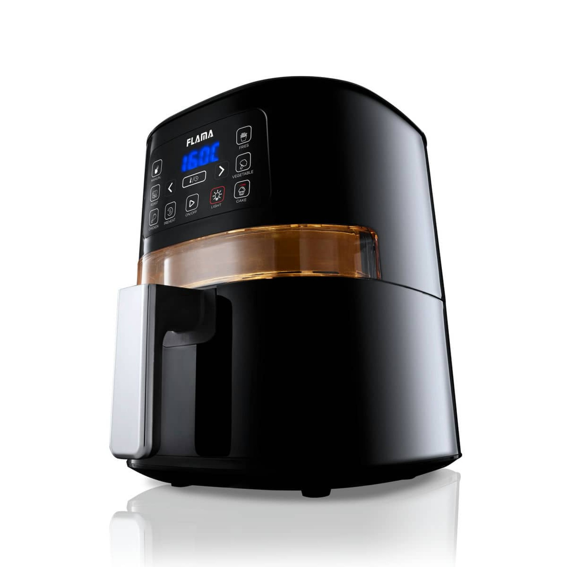 Friggitrice ad aria nera. Pannello di controllo con display digitale. Contenitore dorato visibile.