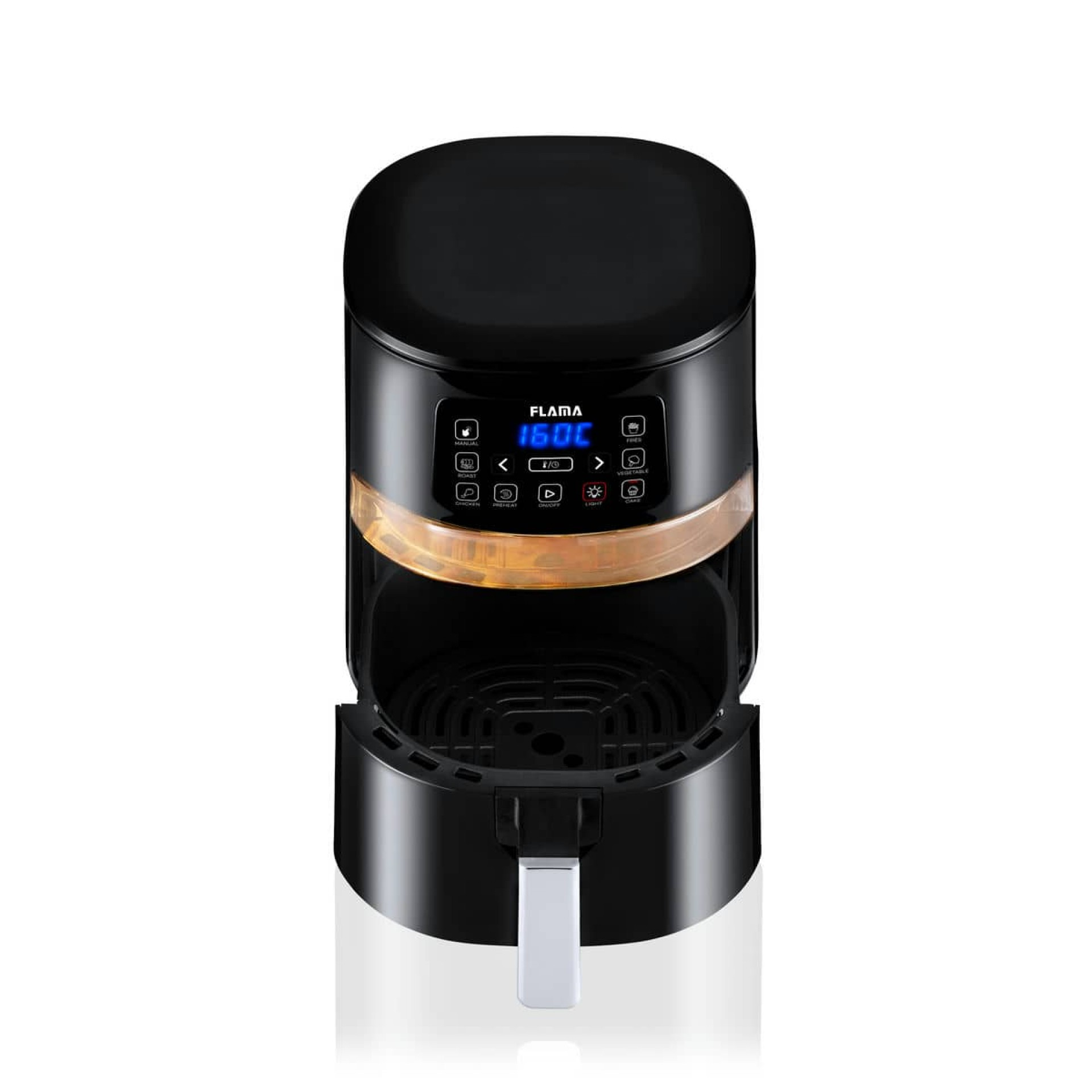 Friggitrice ad aria nera su superficie bianca. Aperta, con display digitale.