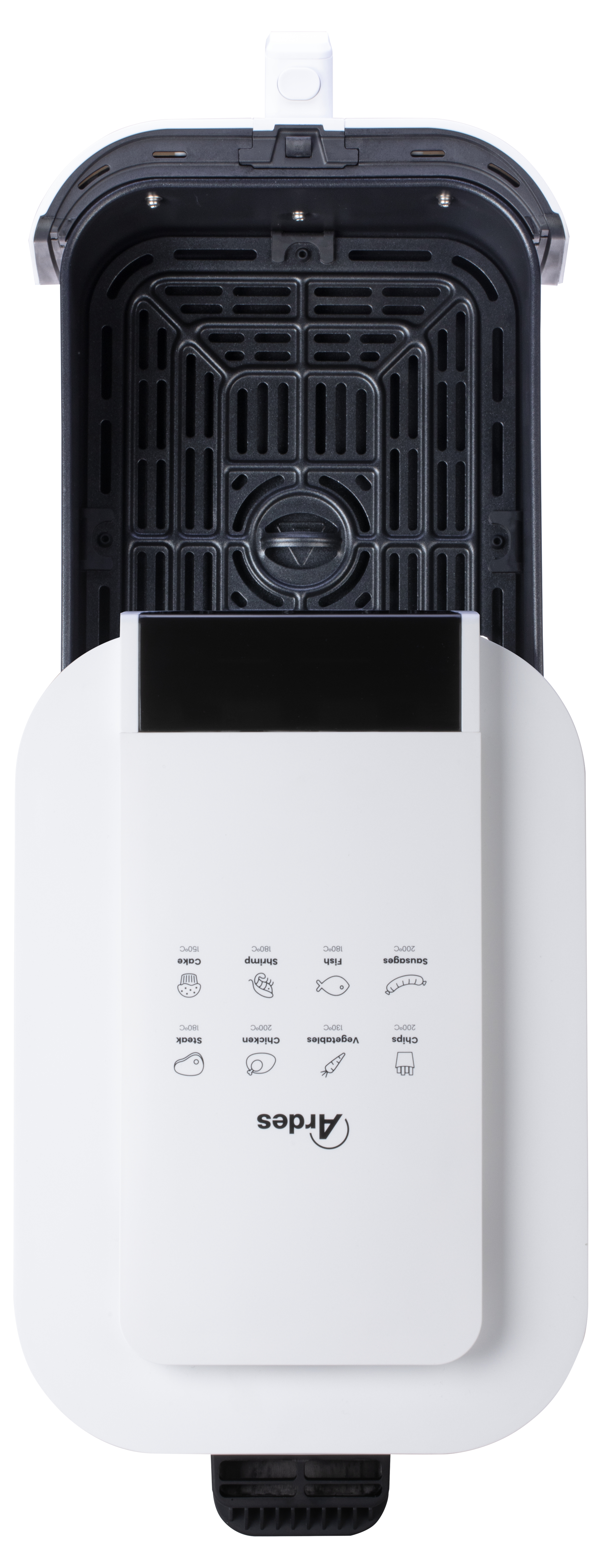 Otwarta frytkownica powietrzna. Biały korpus, czarny grill. Panel sterowania z ikonami żywności.