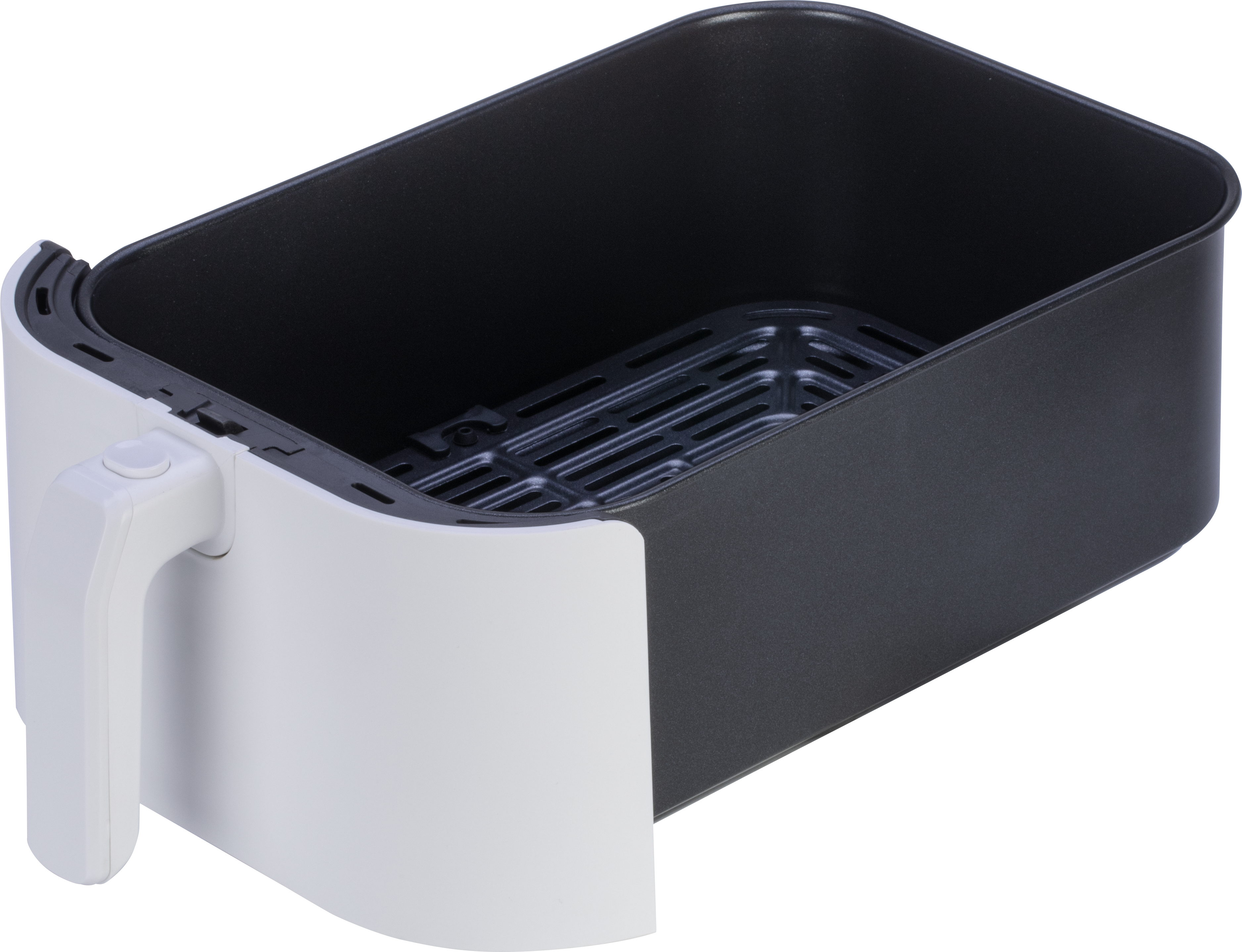 Pusty kosz do frytkownicy beztłuszczowej z dołączonym białym uchwytem, czarne wnętrze z kratką.