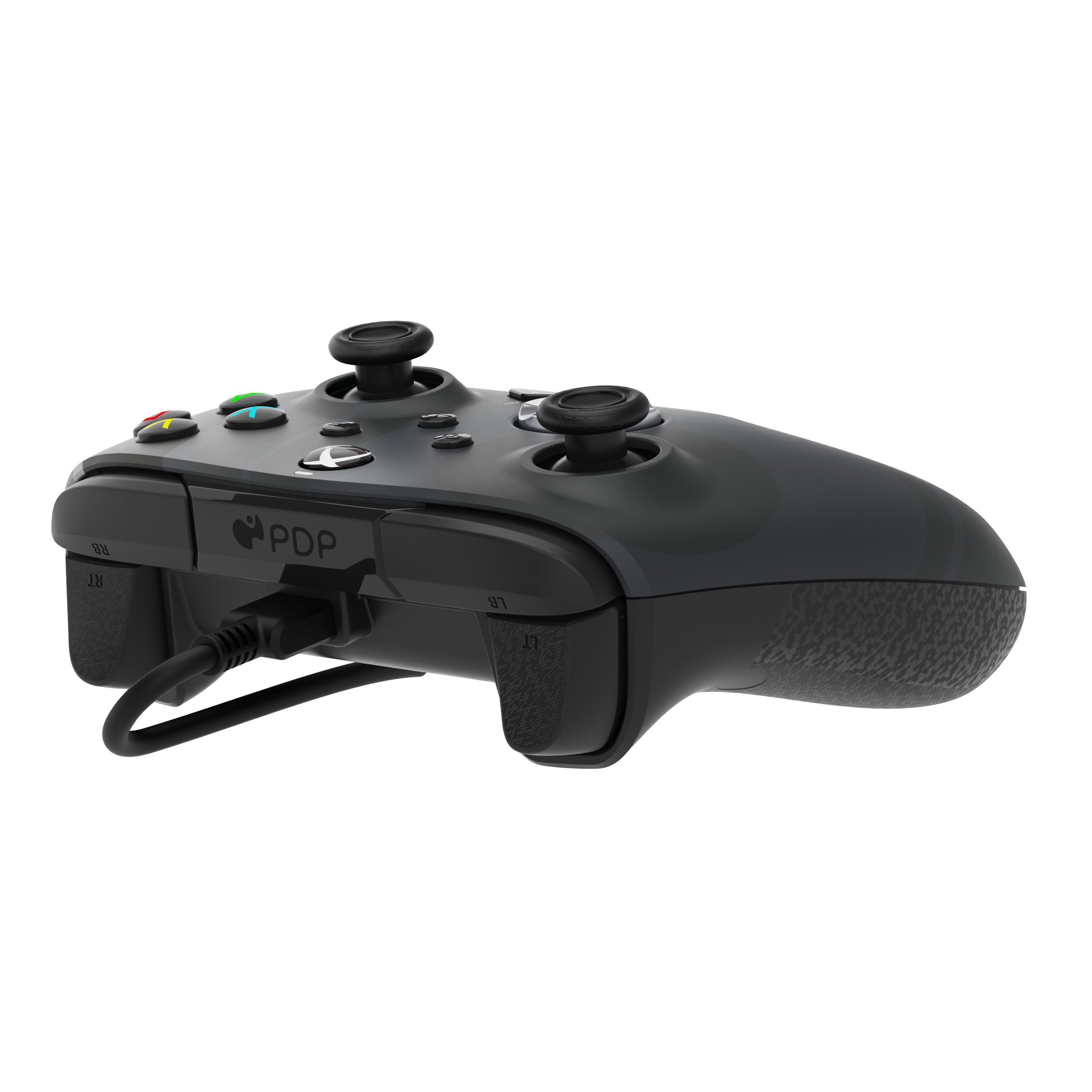 Mando de juegos PDP negro y gris con cable USB conectado.