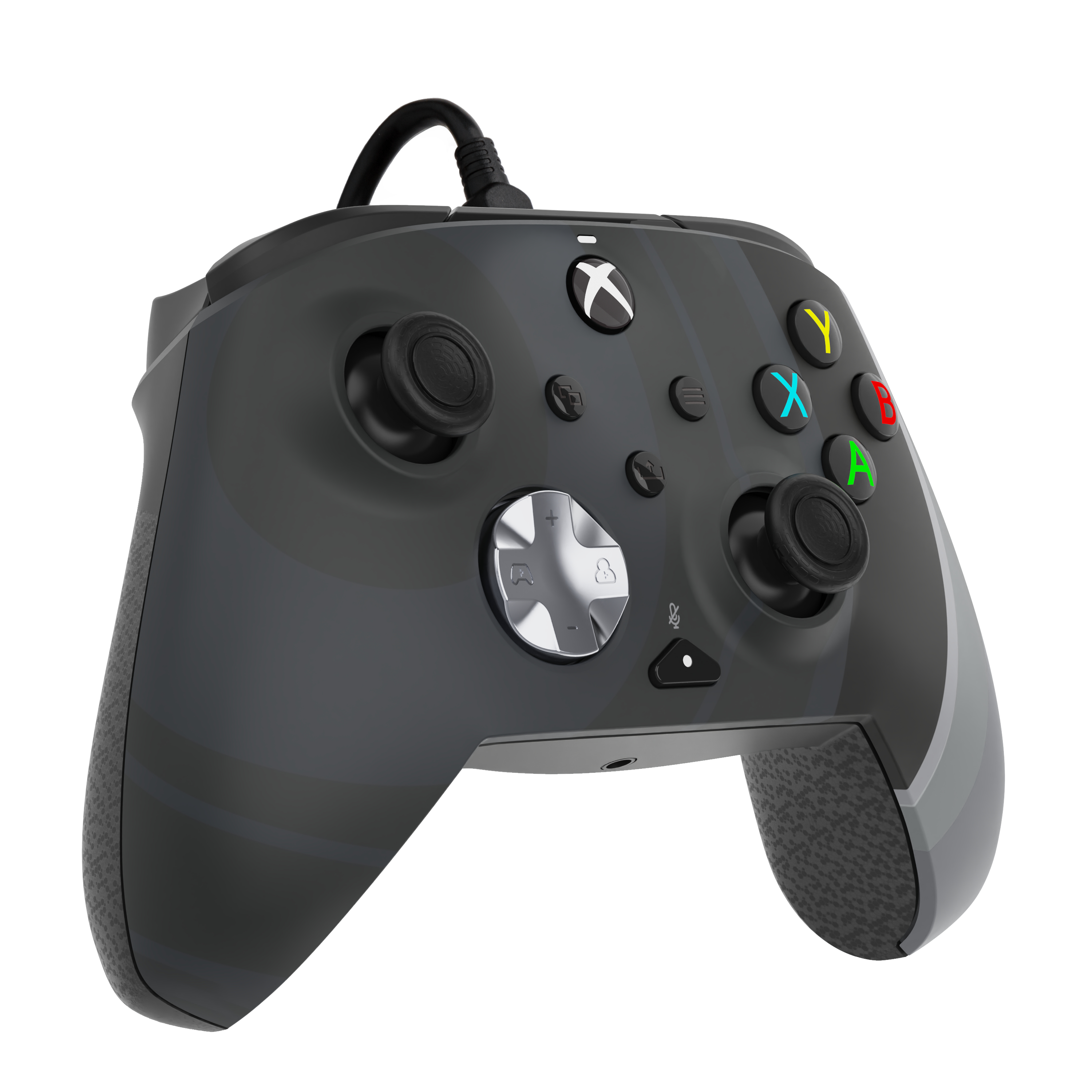 Mando Xbox negro y gris con botones de colores y cruceta plateada.