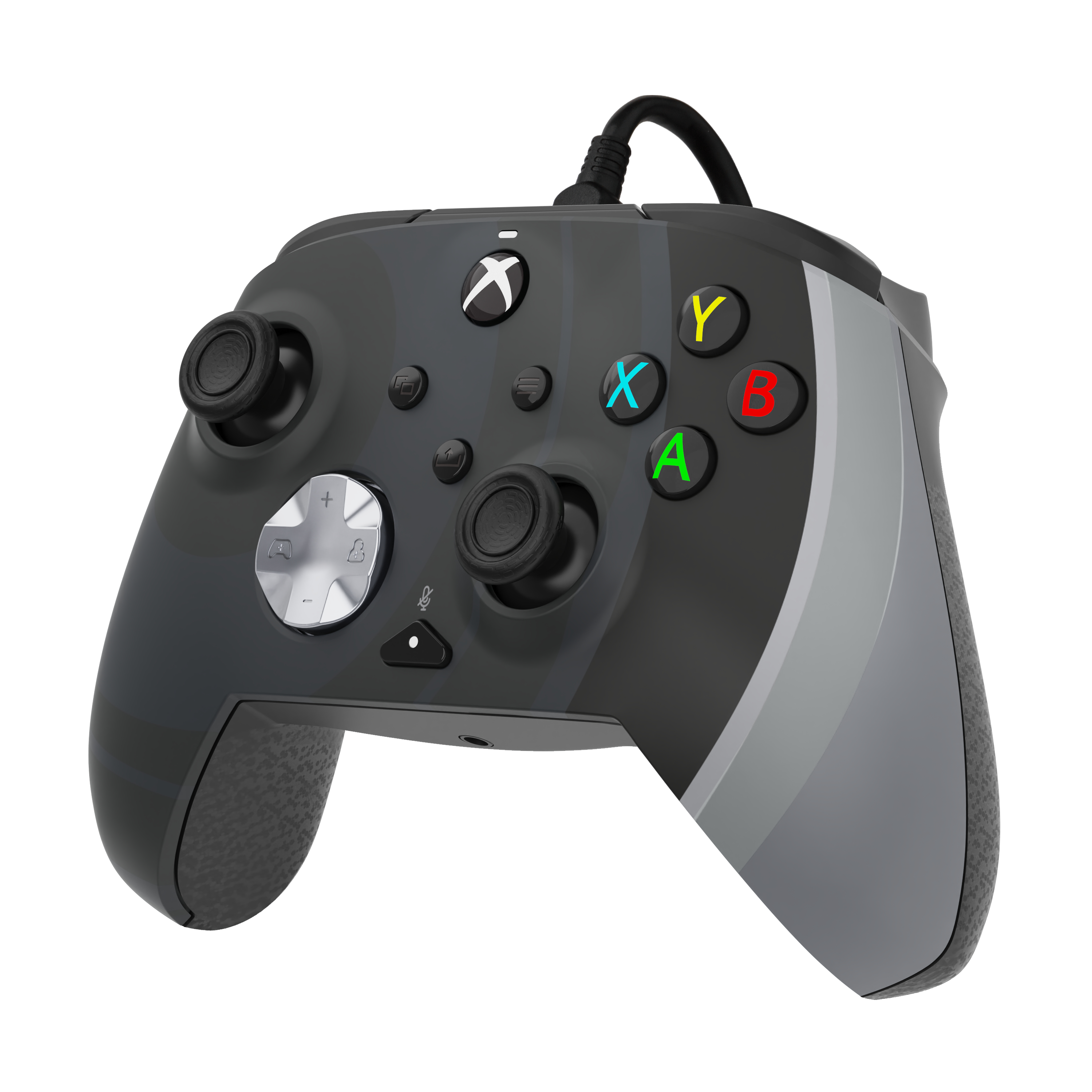 Mando Xbox negro y gris con botones de colores. Un cable negro está conectado en la parte superior.