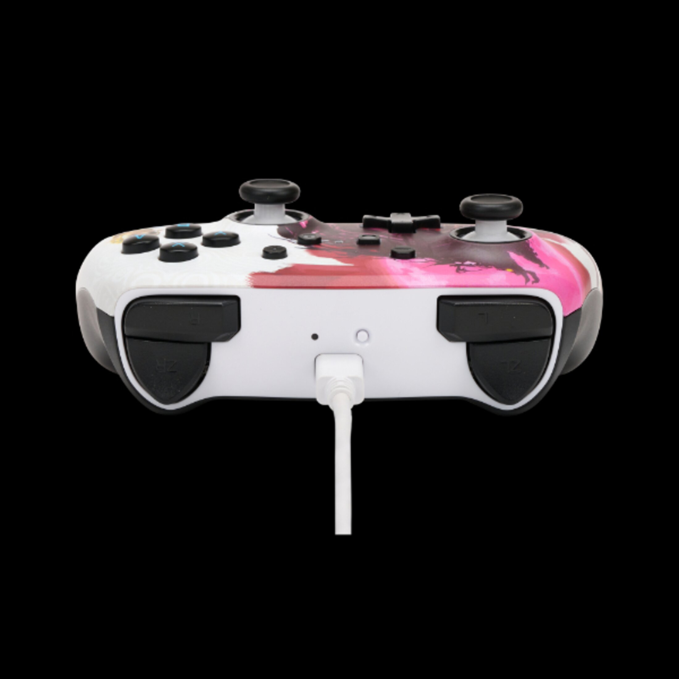 Gamecontroller mit rosa und weißem Design. Ein Ladekabel ist angeschlossen.