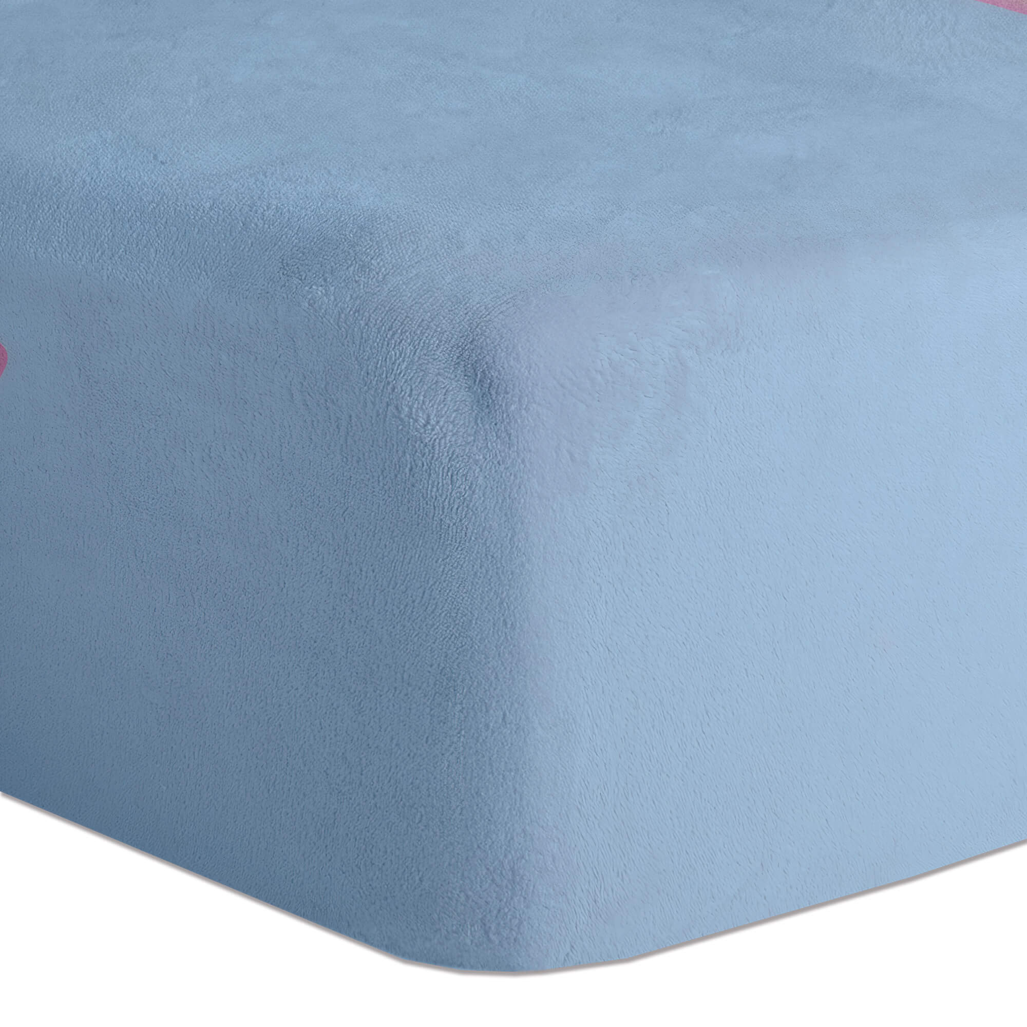 Sábana azul claro. Borde rosa en el lado derecho.