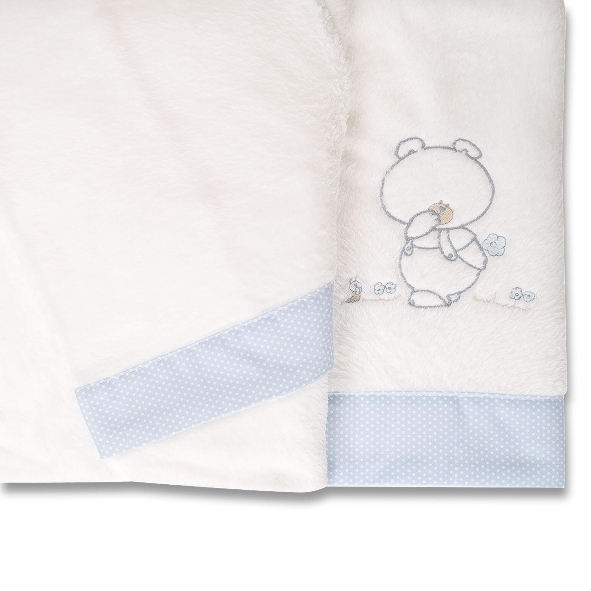 Manta blanca para bebé con borde de lunares azules. Oso de peluche bordado con un regalo.