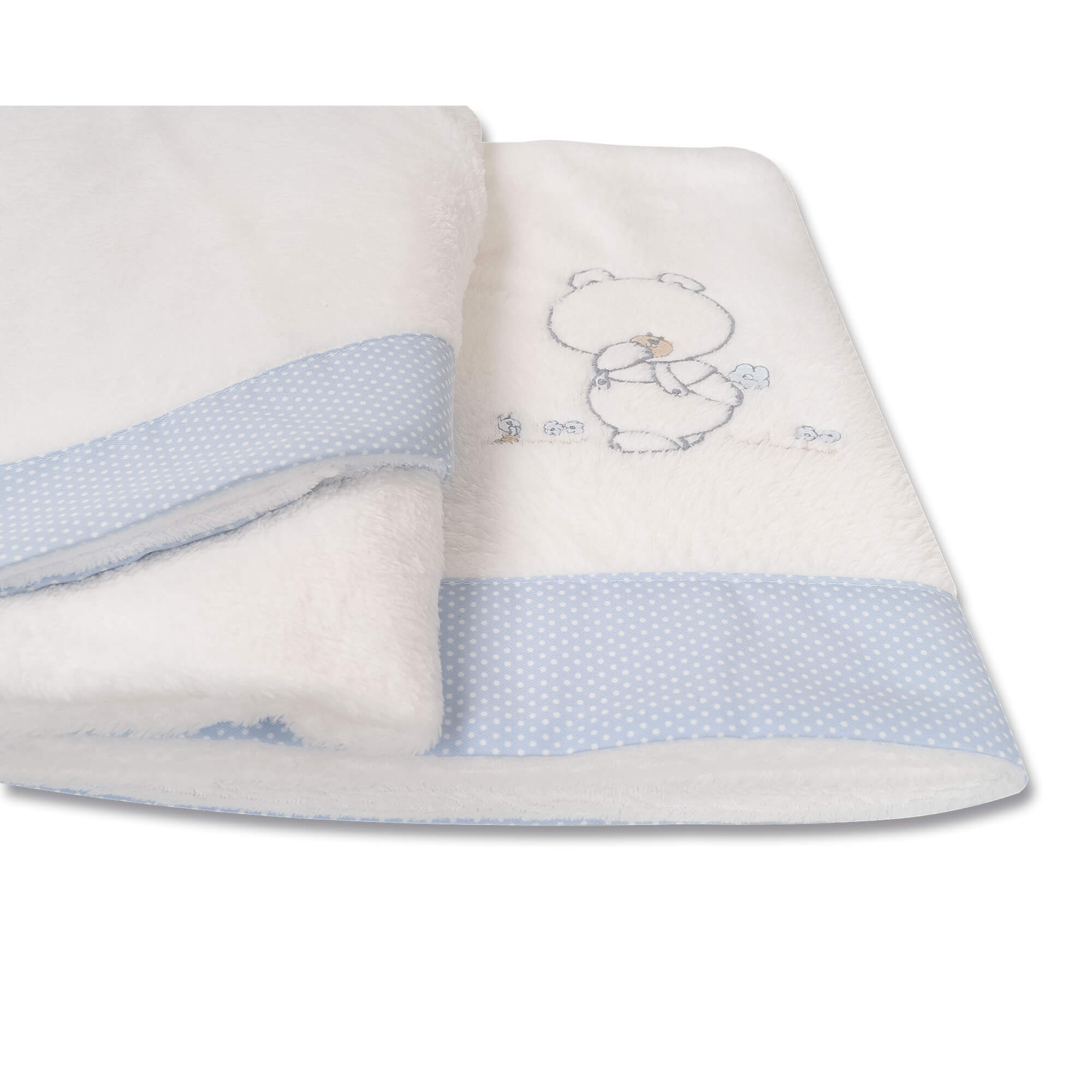 Manta de bebé blanca con borde azul de lunares y una ilustración de oso de peluche.