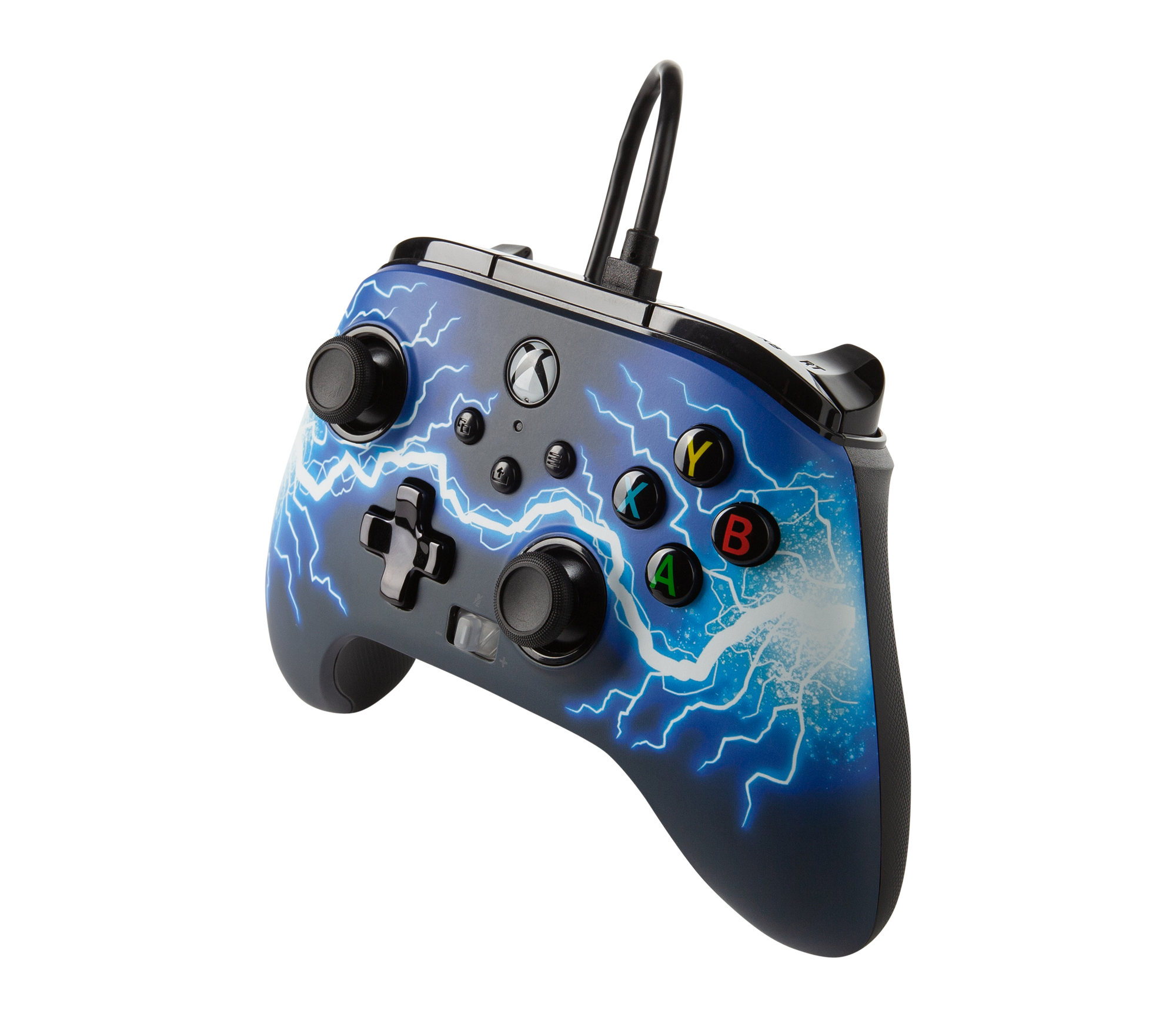 Niebieski kontroler Xbox z błyskawicą, z czarnymi gałkami i przyciskami.
