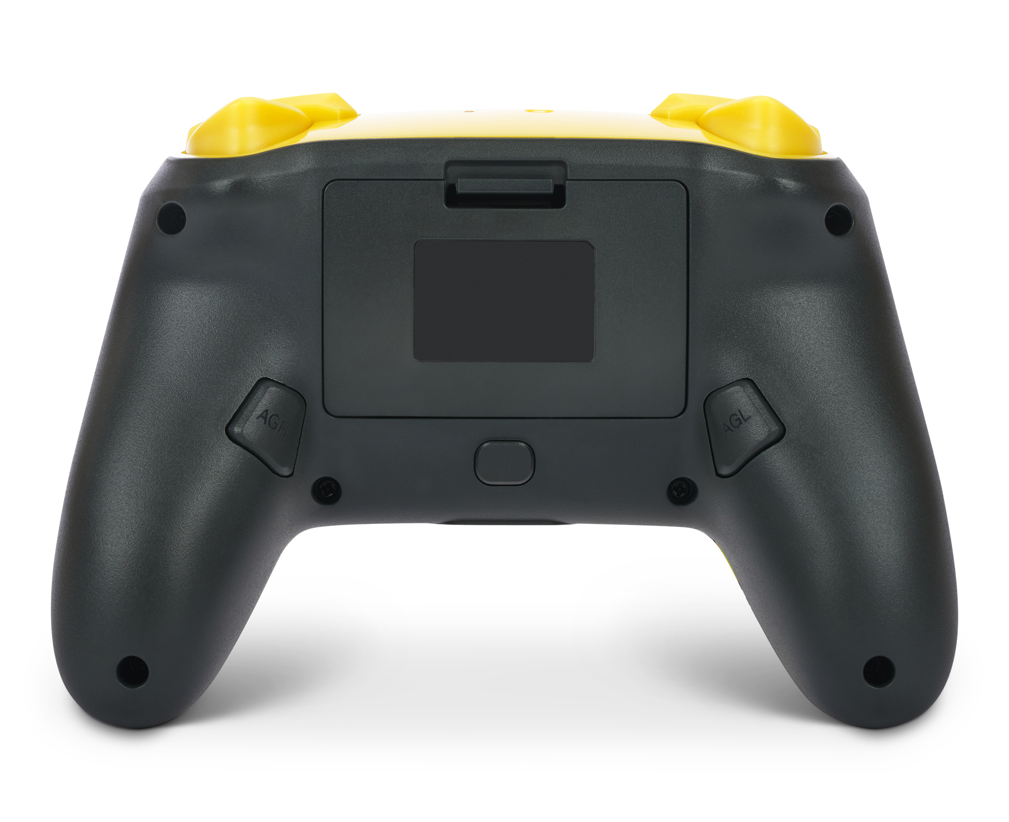 Schwarzer und gelber Gamecontroller. Batteriefach ist geöffnet. Weißer Hintergrund.