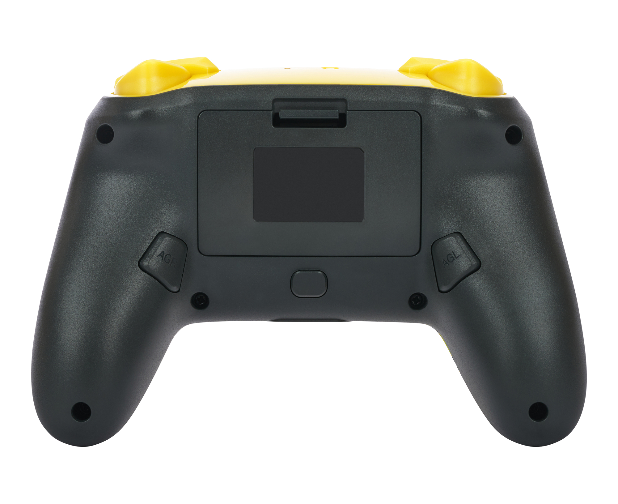 Rückansicht eines gelb-schwarzen Gamecontrollers. Knöpfe sind gelb, mit schwarzem Griff.