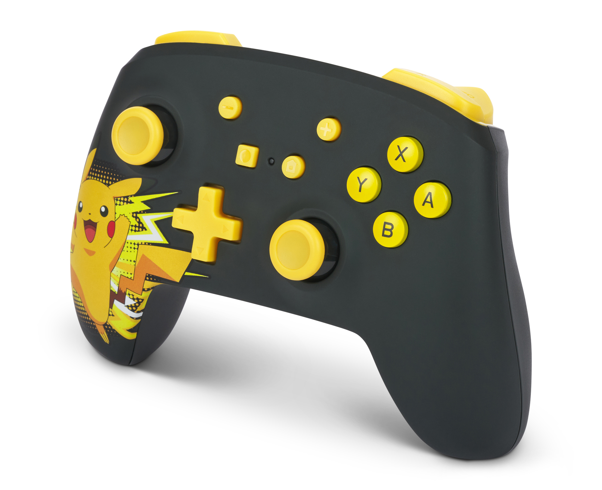 Schwarzer Nintendo Switch Controller mit Pikachu-Design und gelben Akzenten.