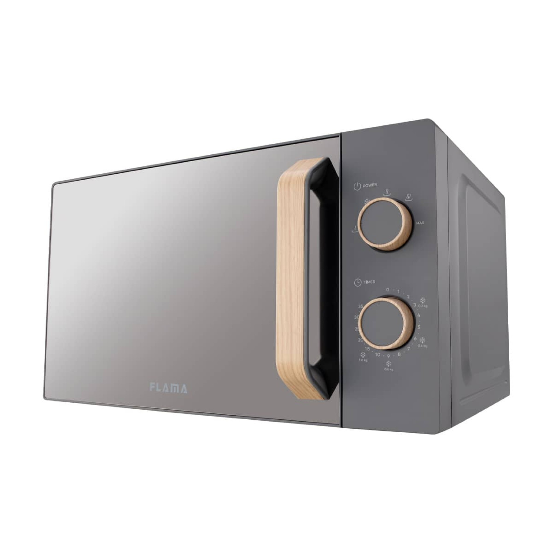 Szara kuchenka mikrofalowa z drewnianym uchwytem i pokrętłami sterowania. Jest na białym tle.