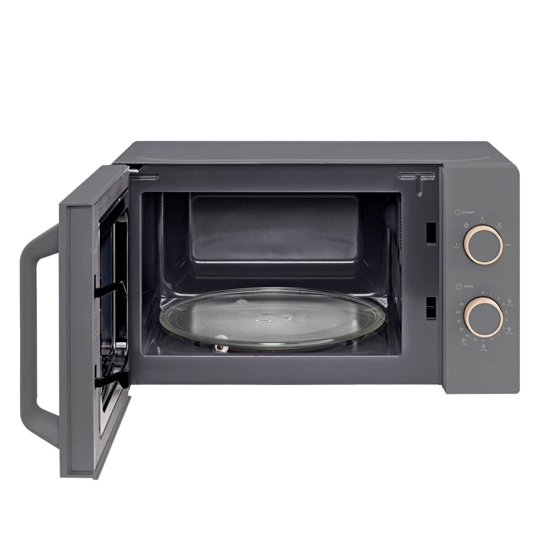 Szara kuchenka mikrofalowa z otwartymi drzwiami. W środku szklana płyta.