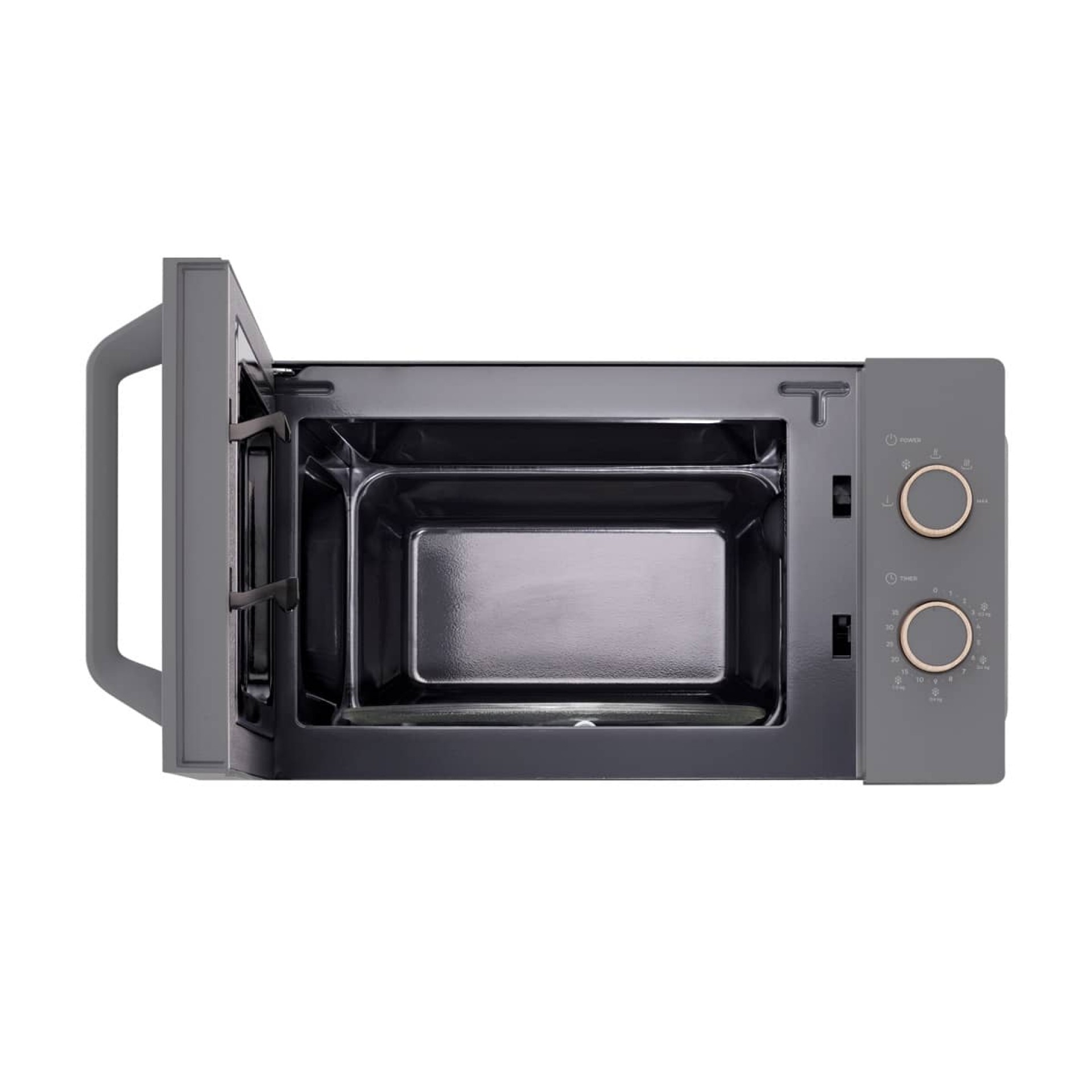Szara kuchenka mikrofalowa z otwartymi drzwiami. Wnętrze jest czarne, ze szklaną płytą. Elementy sterujące po prawej stronie.