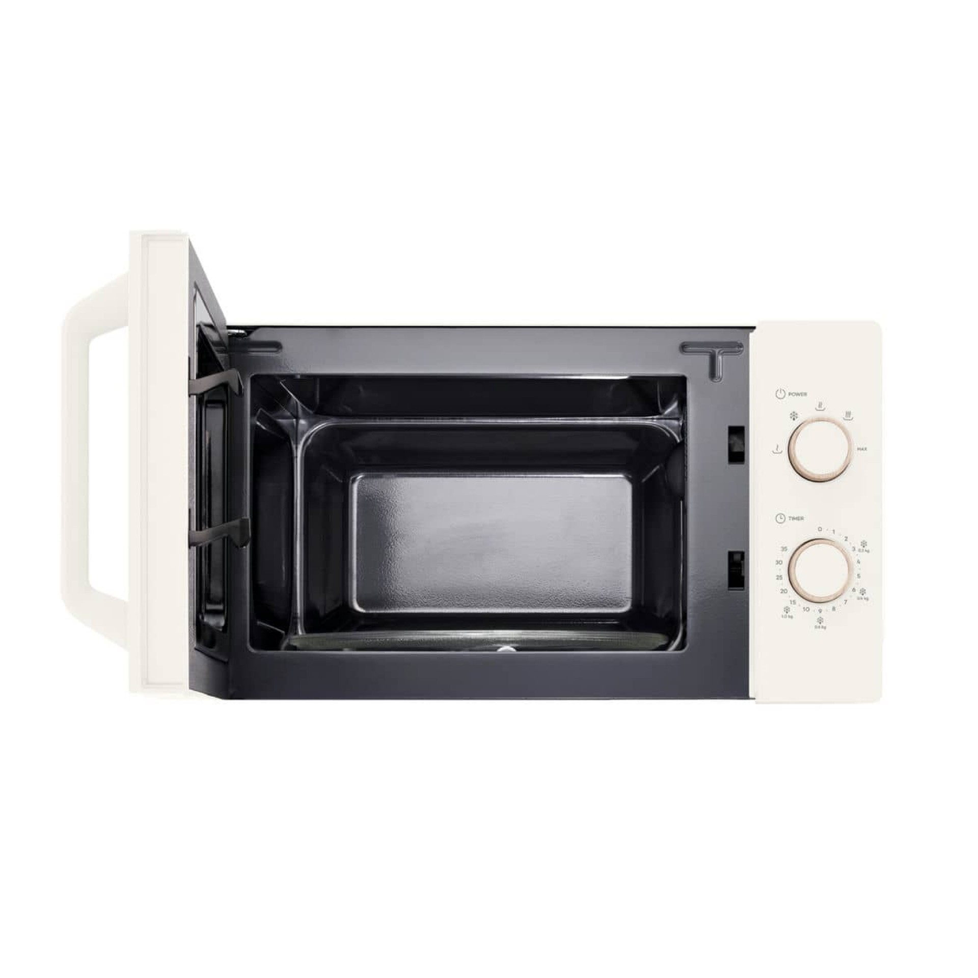 Kuchenka mikrofalowa, otwarta, z tacą. Kolor kremowy i biały uchwyt.