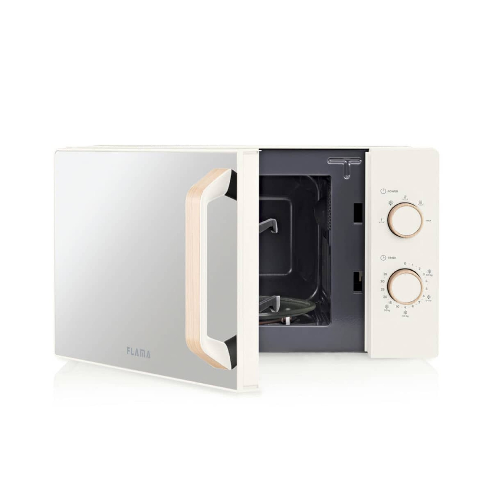 Biała kuchenka mikrofalowa z drewnianym uchwytem i otwartymi drzwiami.