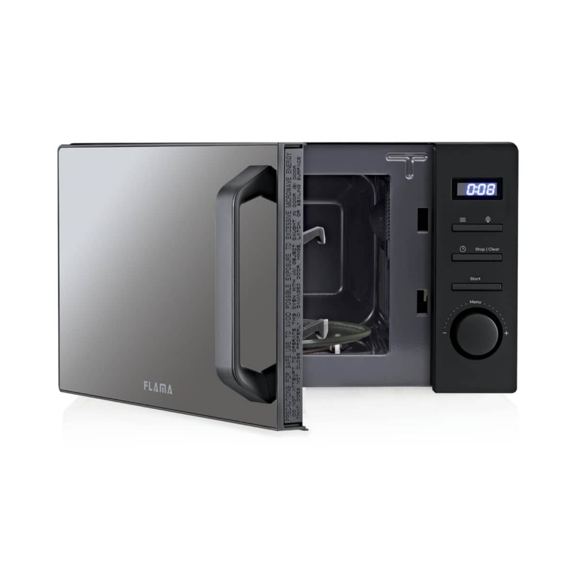 Czarna kuchenka mikrofalowa z otwartymi drzwiami, wyświetlaczem cyfrowym, marką FLAMA.