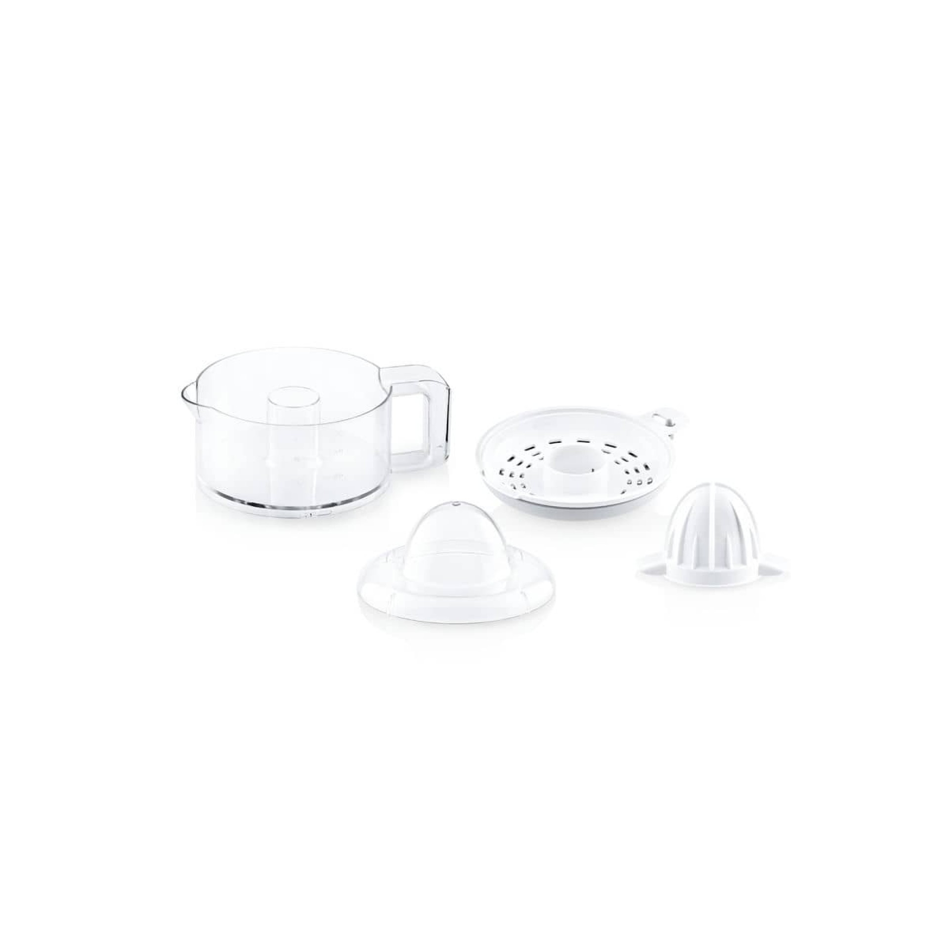 Różne białe części urządzeń kuchennych: dzbanek, akcesoria do wyciskarki i stożek.