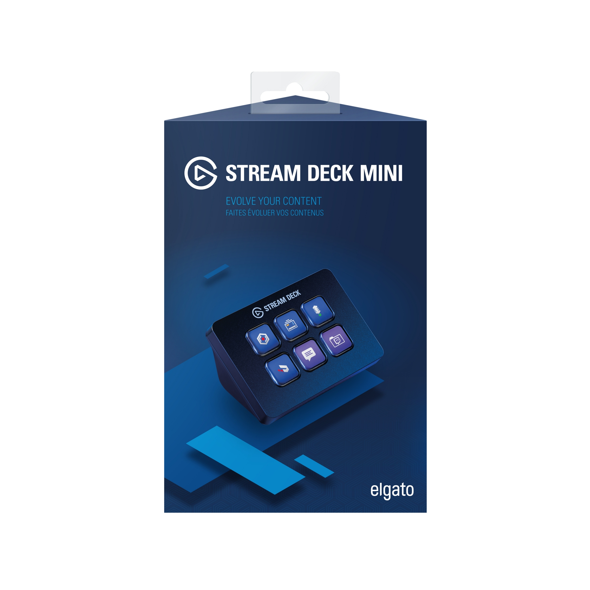 Pudełko Stream Deck Mini. Pudełko ma urządzenie Stream Deck Mini z przodu z sześcioma przyciskami.