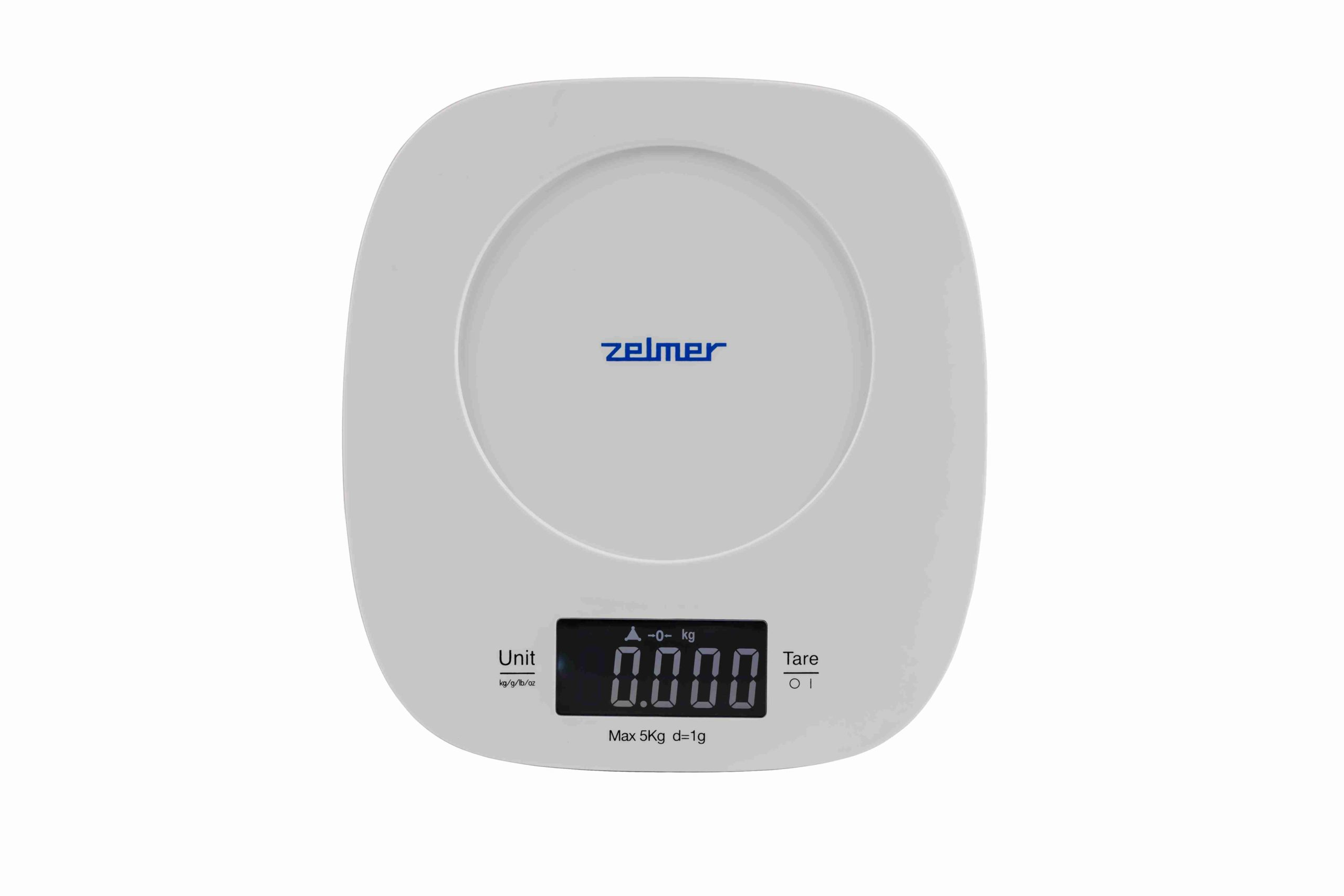 Eine weiße Küchenwaage mit digitaler Anzeige, die 0,000 kg anzeigt.