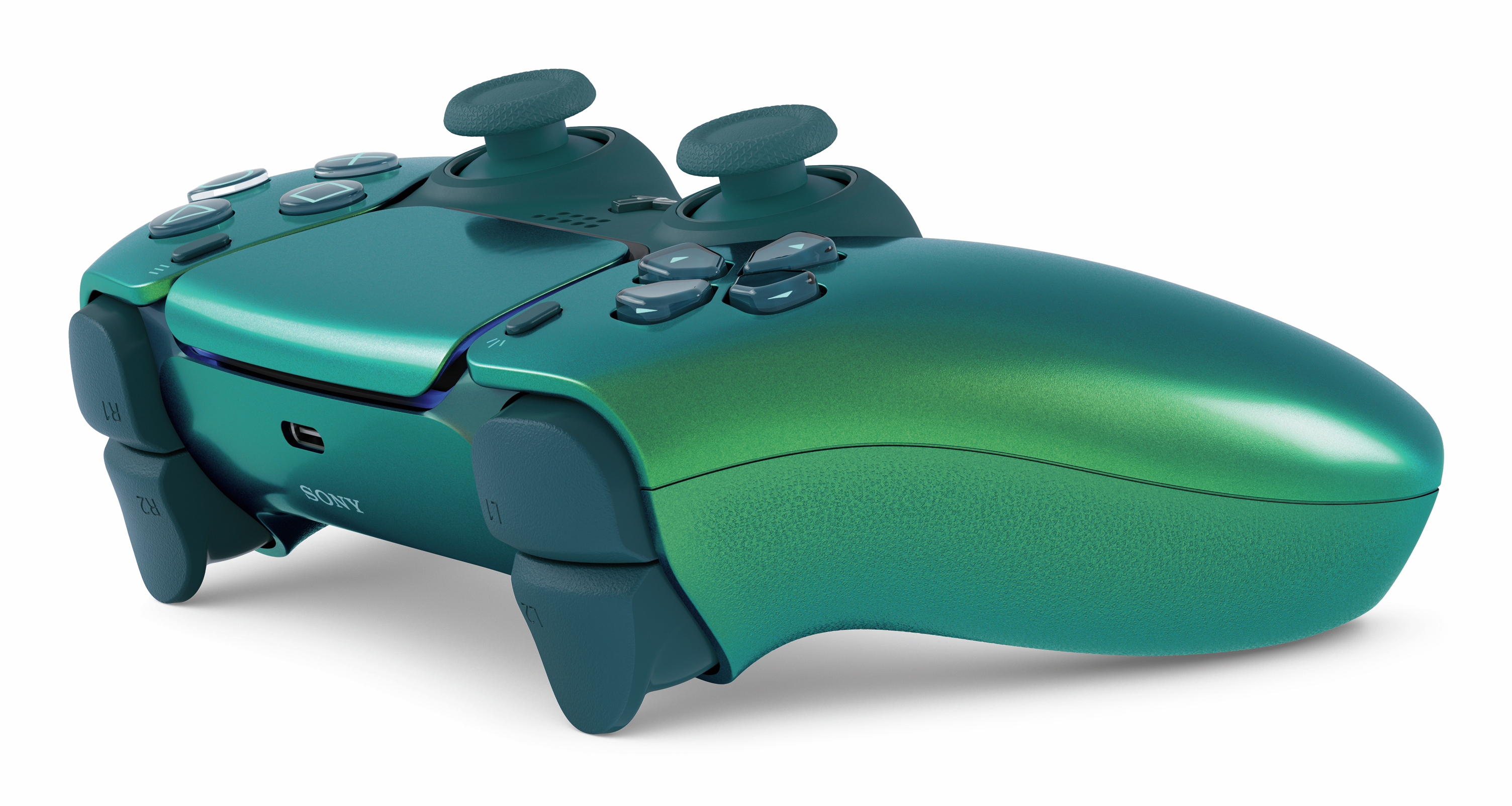 Controller PlayStation 5 con sfumatura verde e blu, che mostra i dettagli del retro e dell'impugnatura.