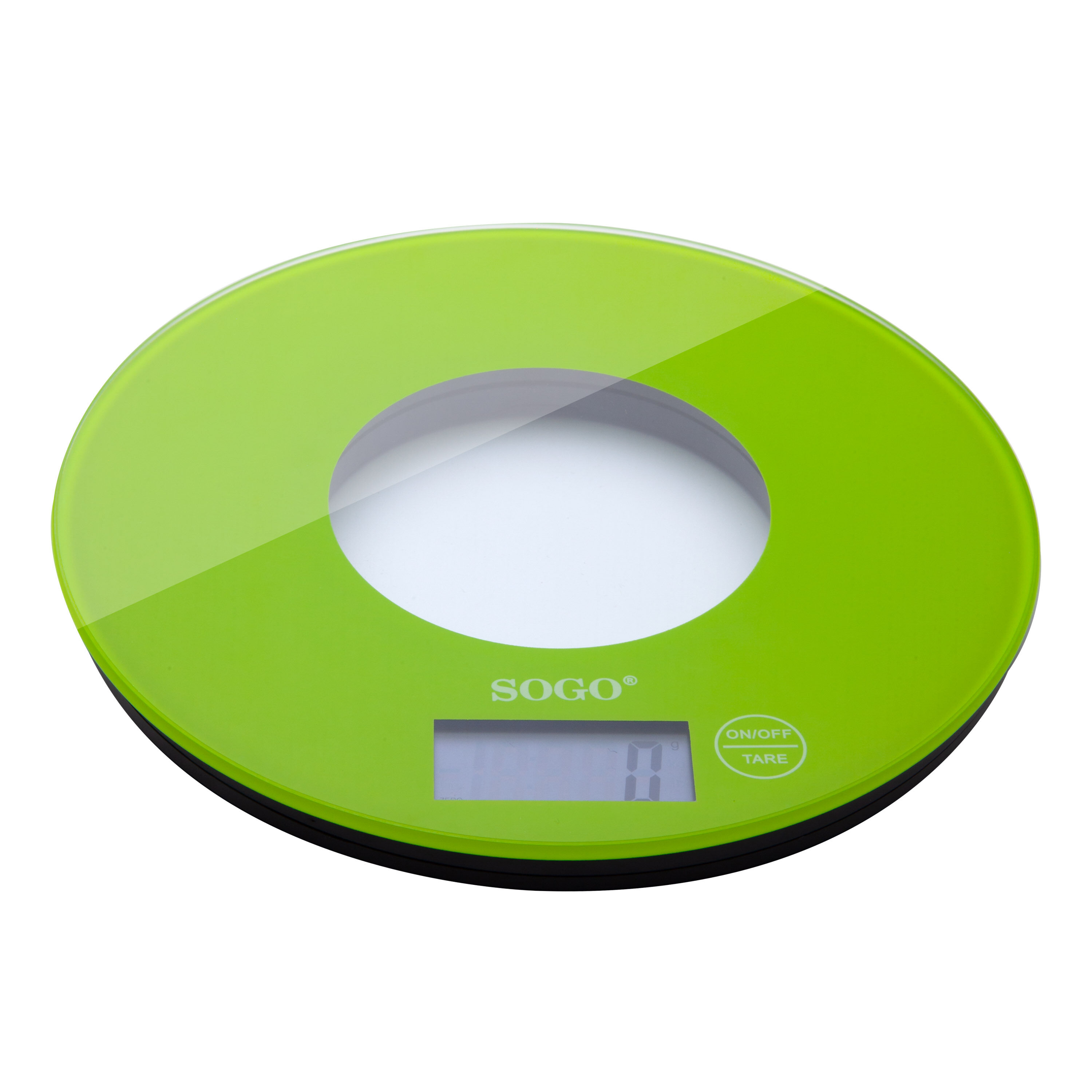 Zielona cyfrowa waga kuchenna o okrągłym kształcie. Wyświetla wagę na wyświetlaczu.