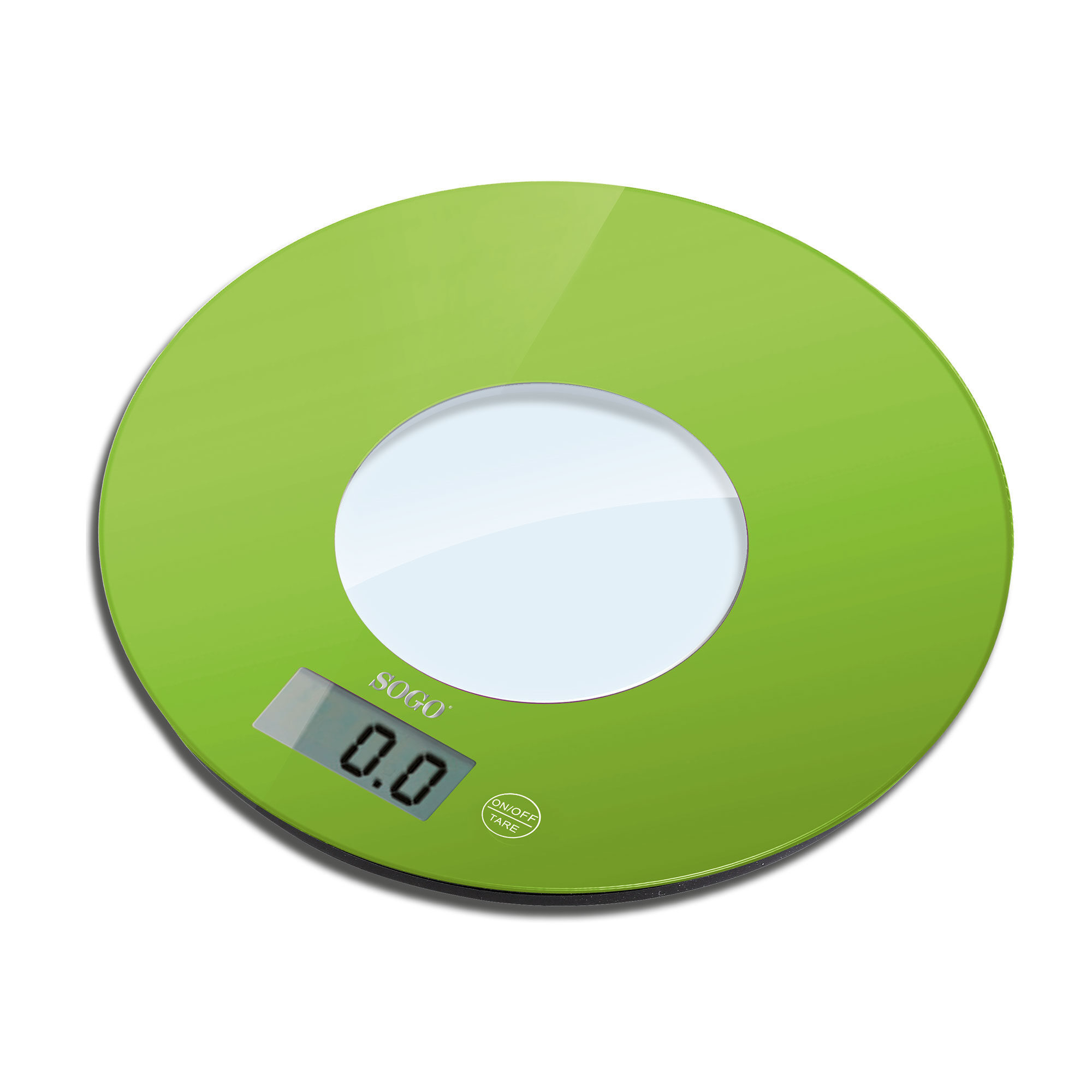 Zielona waga kuchenna. Okrągła, z przezroczystym szklanym środkiem. Wyświetla '0.0' i ma przycisk.