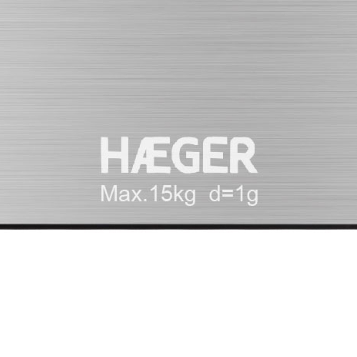 Bilancia argentata con logo HAEGER, peso massimo 15 kg.
