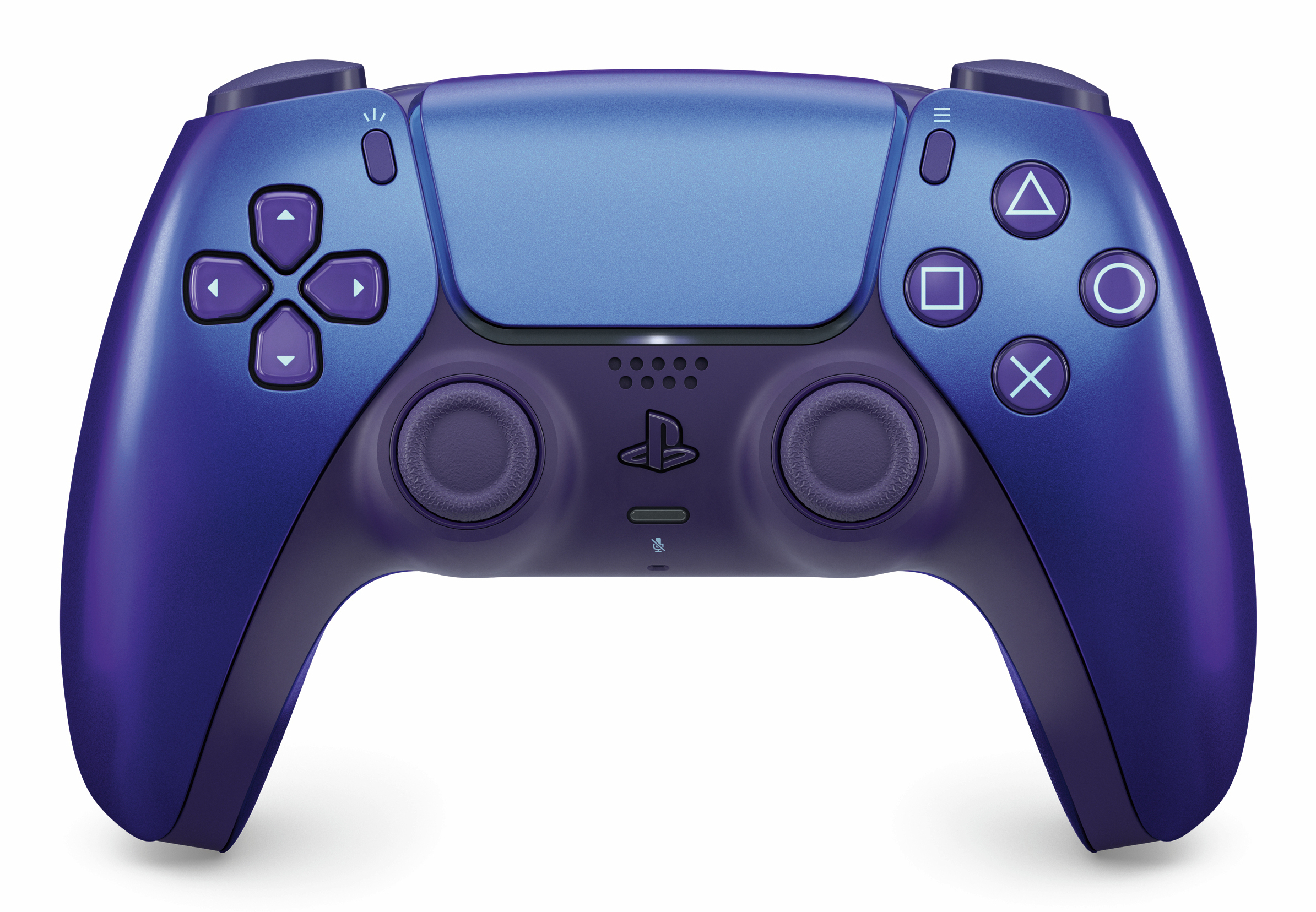 Un controller Playstation 5 blu e viola con pulsanti. È su sfondo bianco.