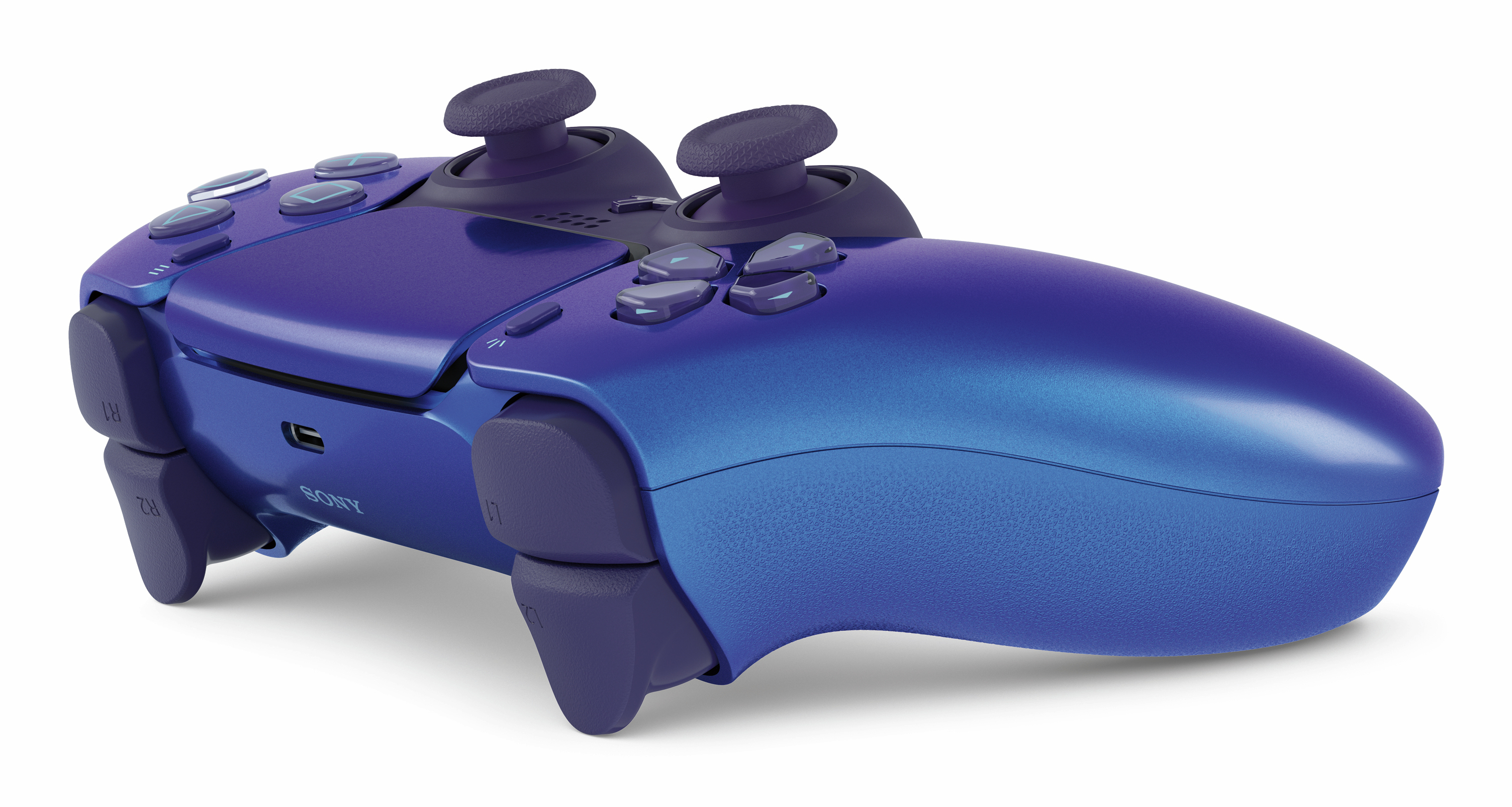 Un controller PlayStation 5 sfumato blu e viola. Ha pulsanti, joystick e grilletti. Il logo Sony è visibile.