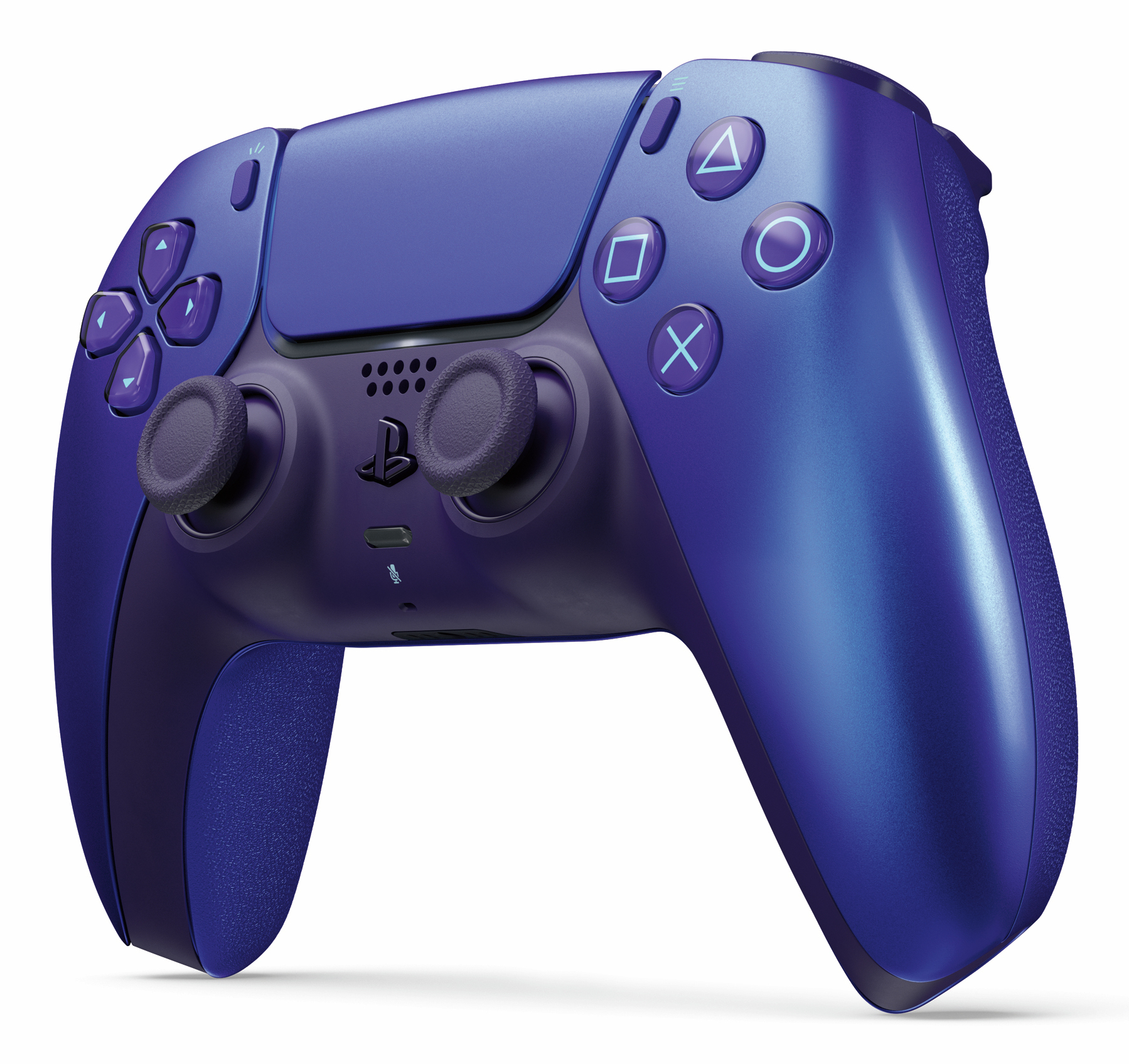 Un controller PlayStation 5 blu. Ha pulsanti, levette analogiche e un touchpad. Lo sfondo è bianco.