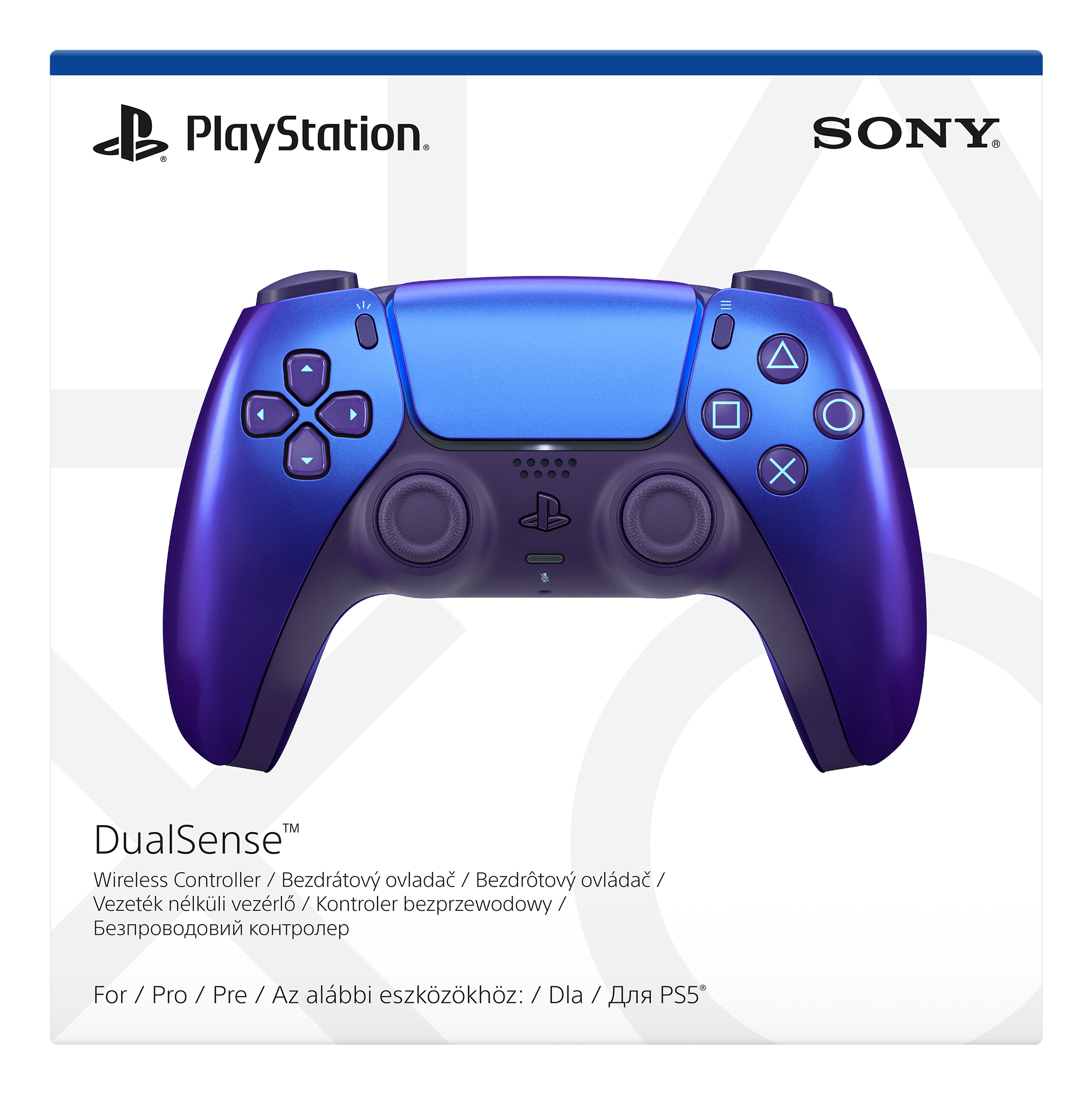 Un controller wireless DualSense PlayStation blu e viola centrato su sfondo bianco con marchio.