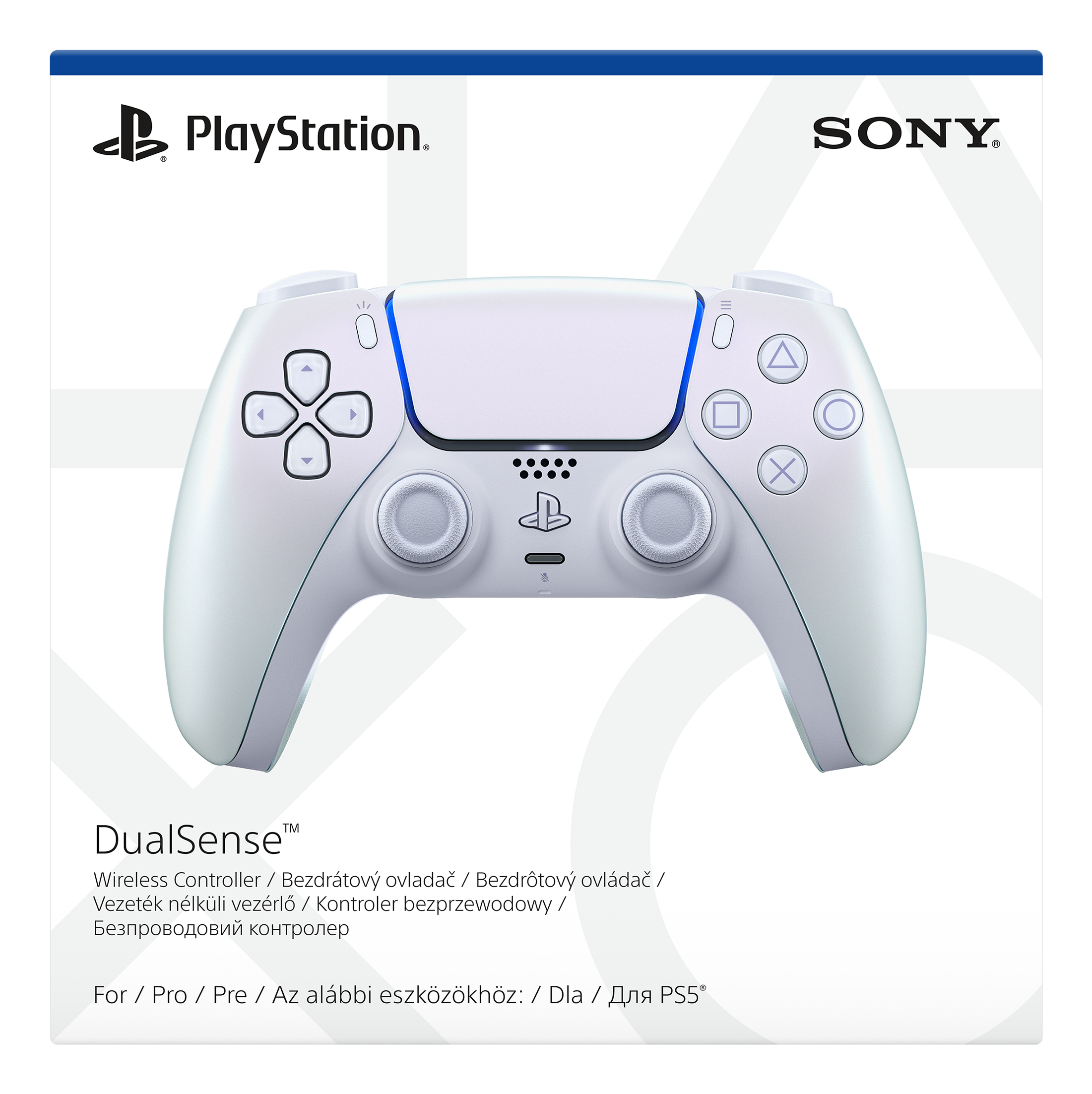 Białe pudełko kontrolera PlayStation DualSense z obrazem kontrolera. Loga Sony i PlayStation.