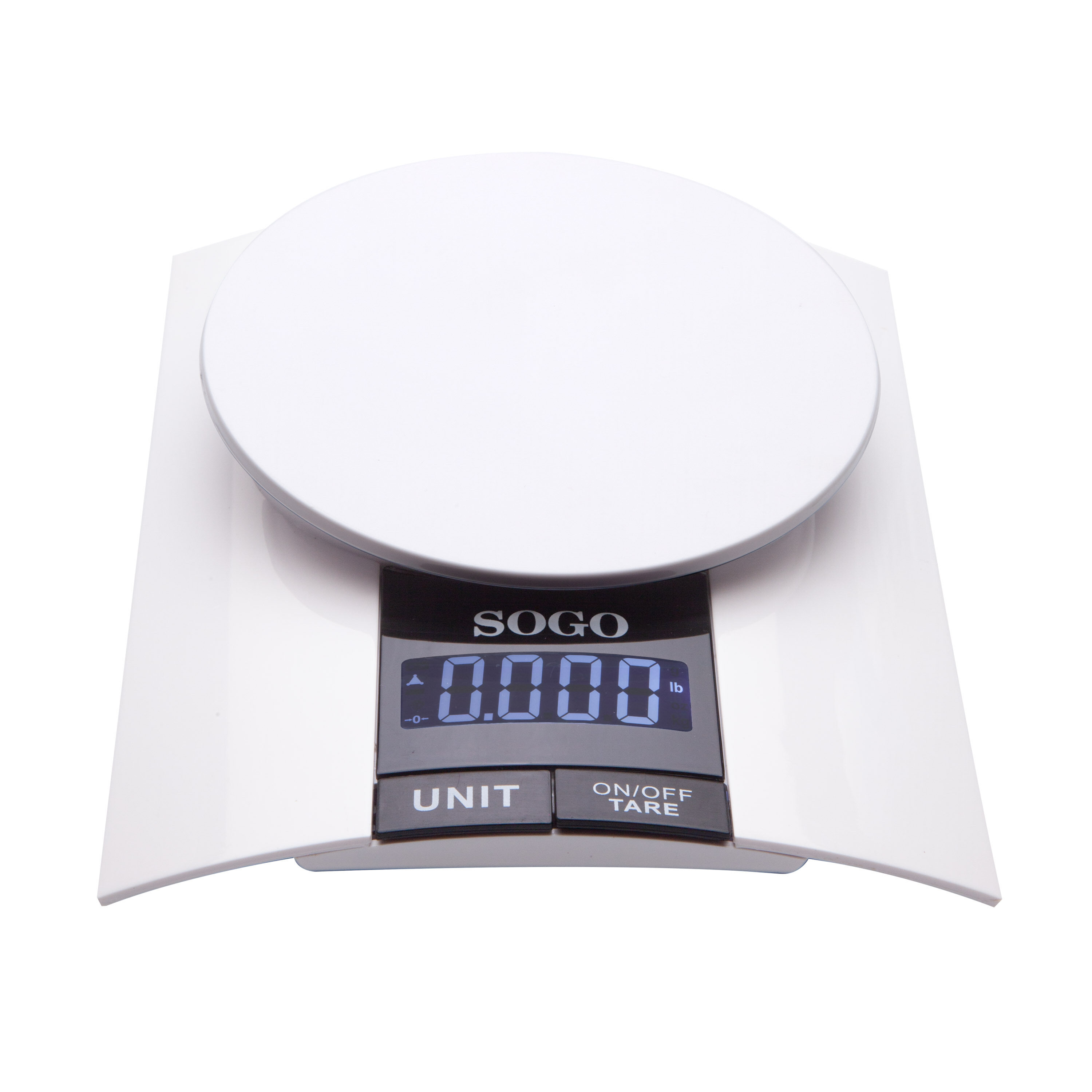 Bilancia da cucina digitale bianca con piattaforma rotonda. Il display mostra 0.000 lb.