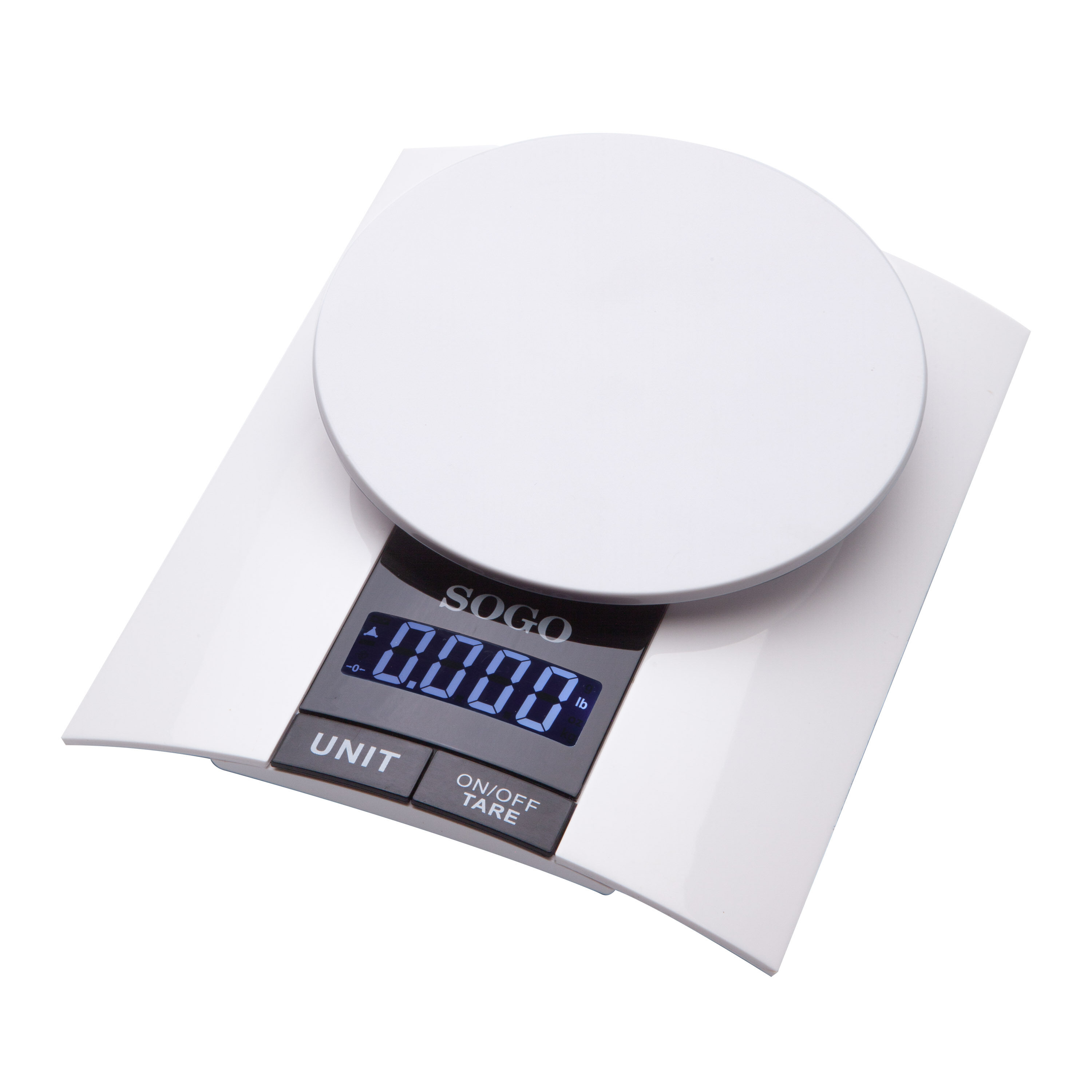 Bilancia da cucina digitale bianca mostra '0.000 lb'. Ha pulsanti unità e on/off.