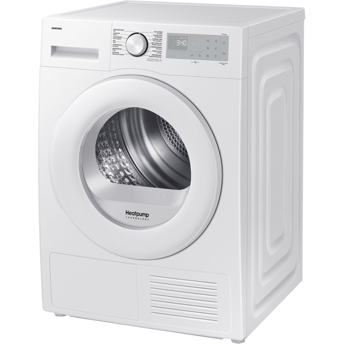 Een witte Samsung droger. Hij heeft een ronde deur, een digitaal display en bedieningsknoppen.