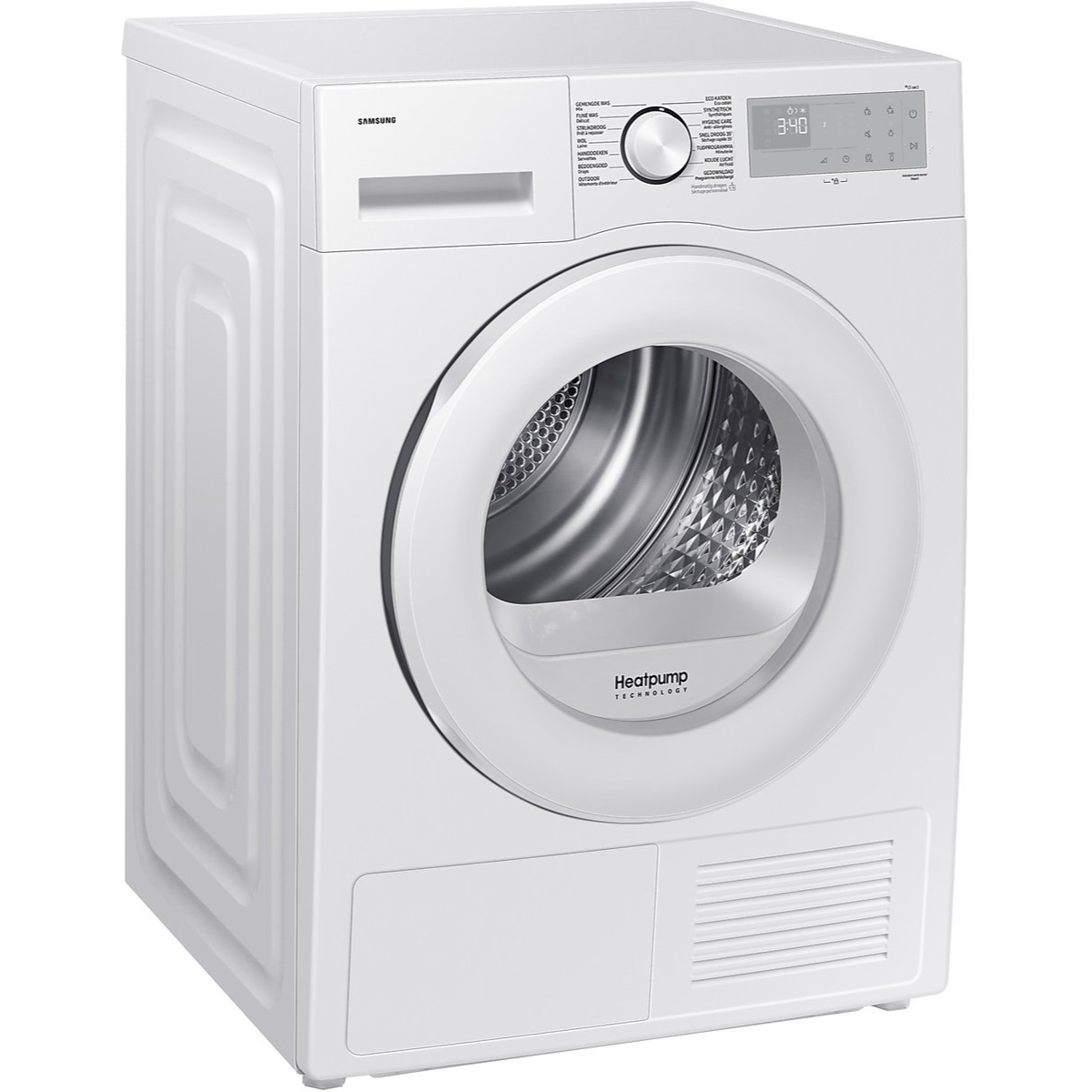 Witte Samsung droger met een ronde deur en bedieningspaneel. Witte achtergrond.