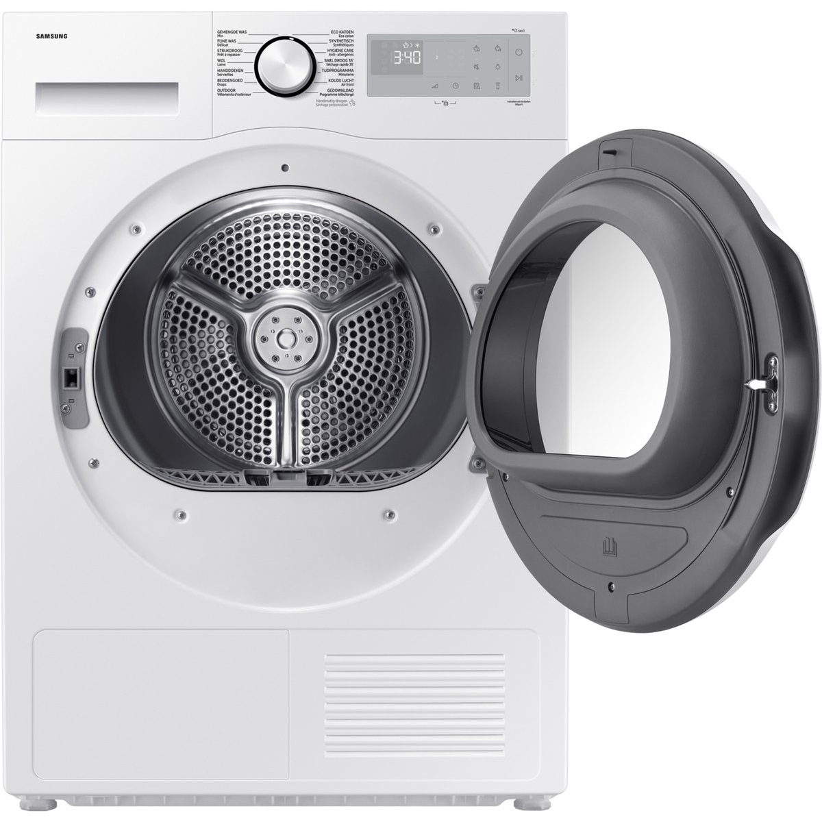 Witte wasmachine met een open deur.