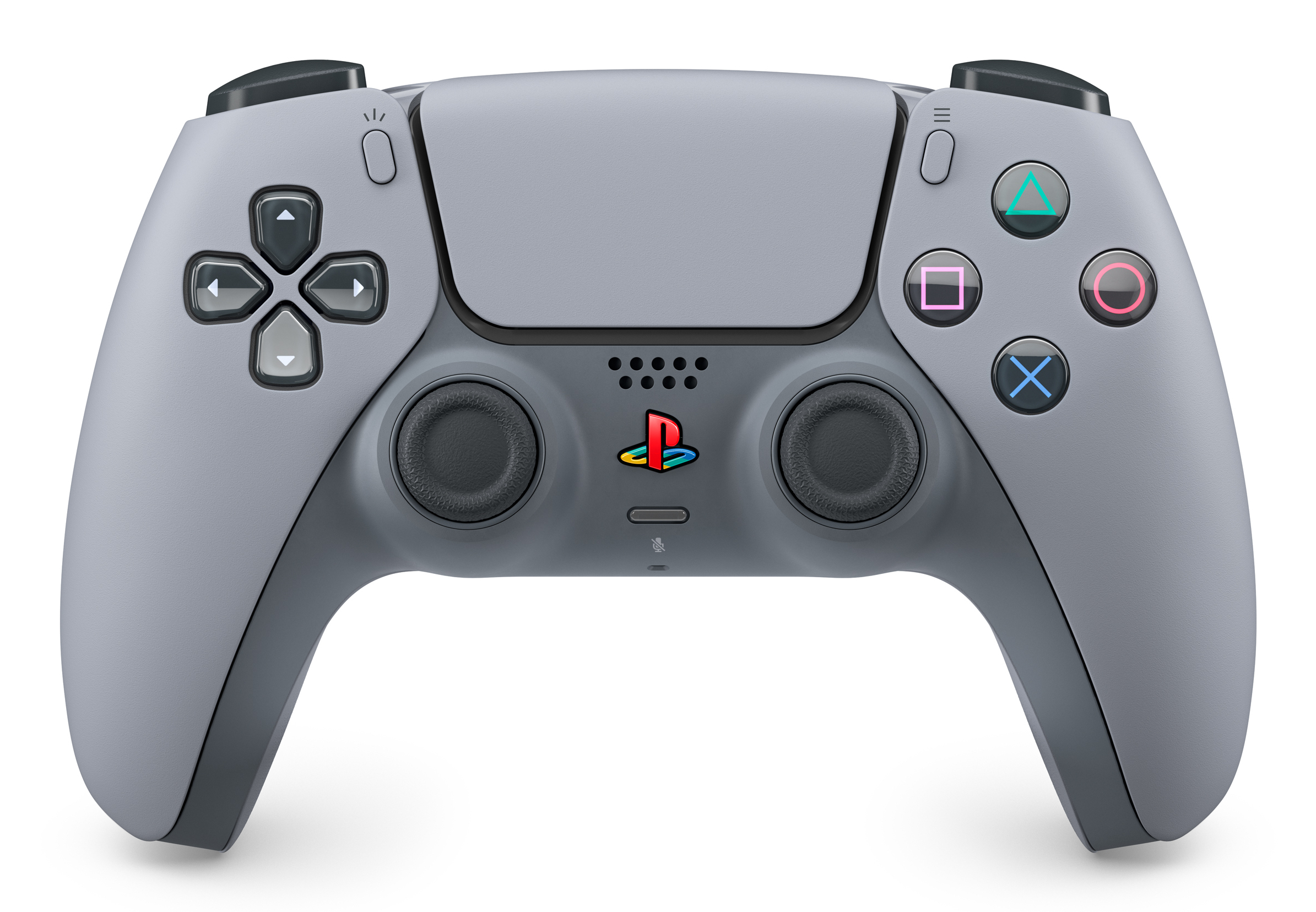 Controller grigio PlayStation 5, vista frontale. I pulsanti sono colorati, con il logo PS.