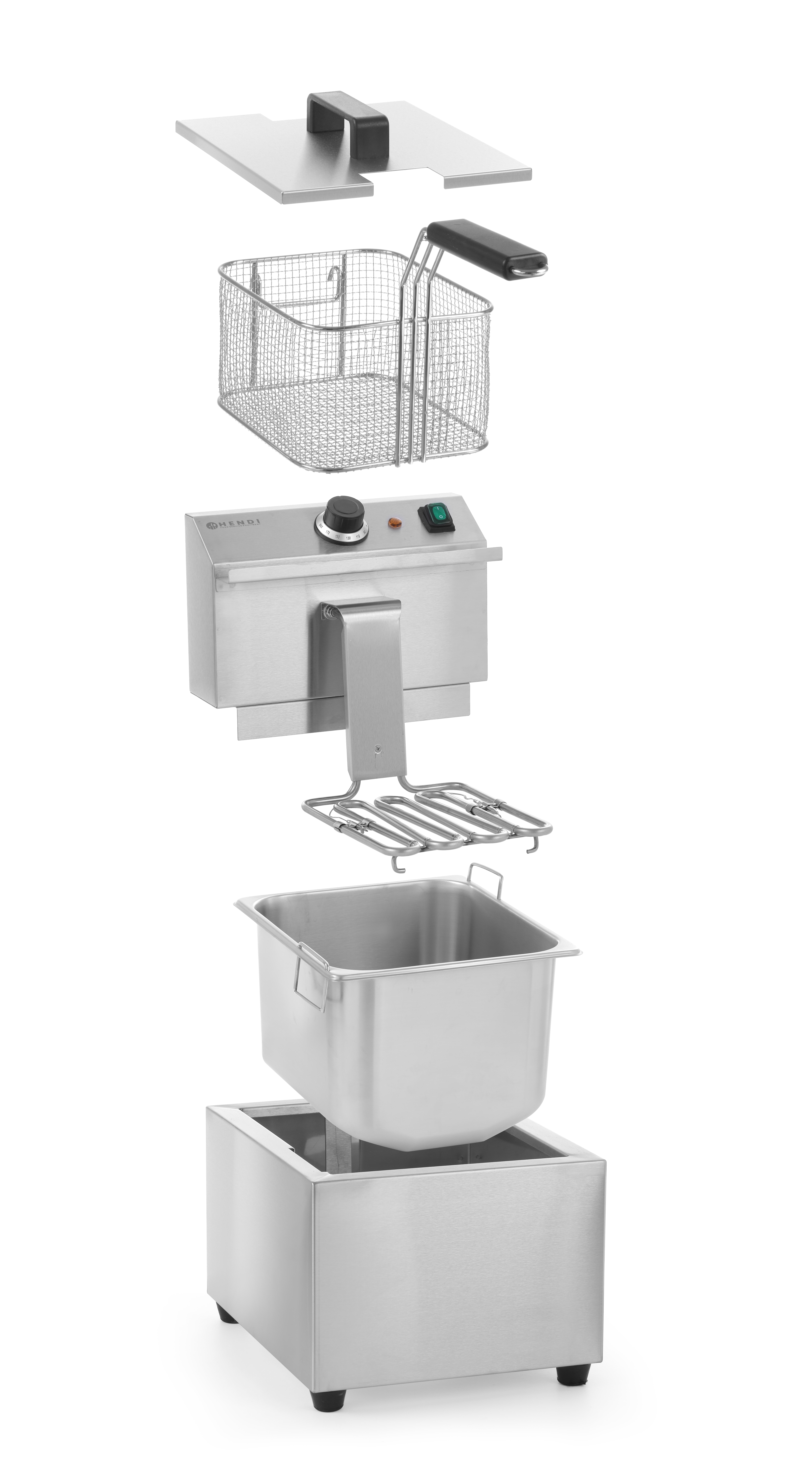 Fritteuse smontata con componenti: coperchio, cestello, pannello comandi, contenitore e base.